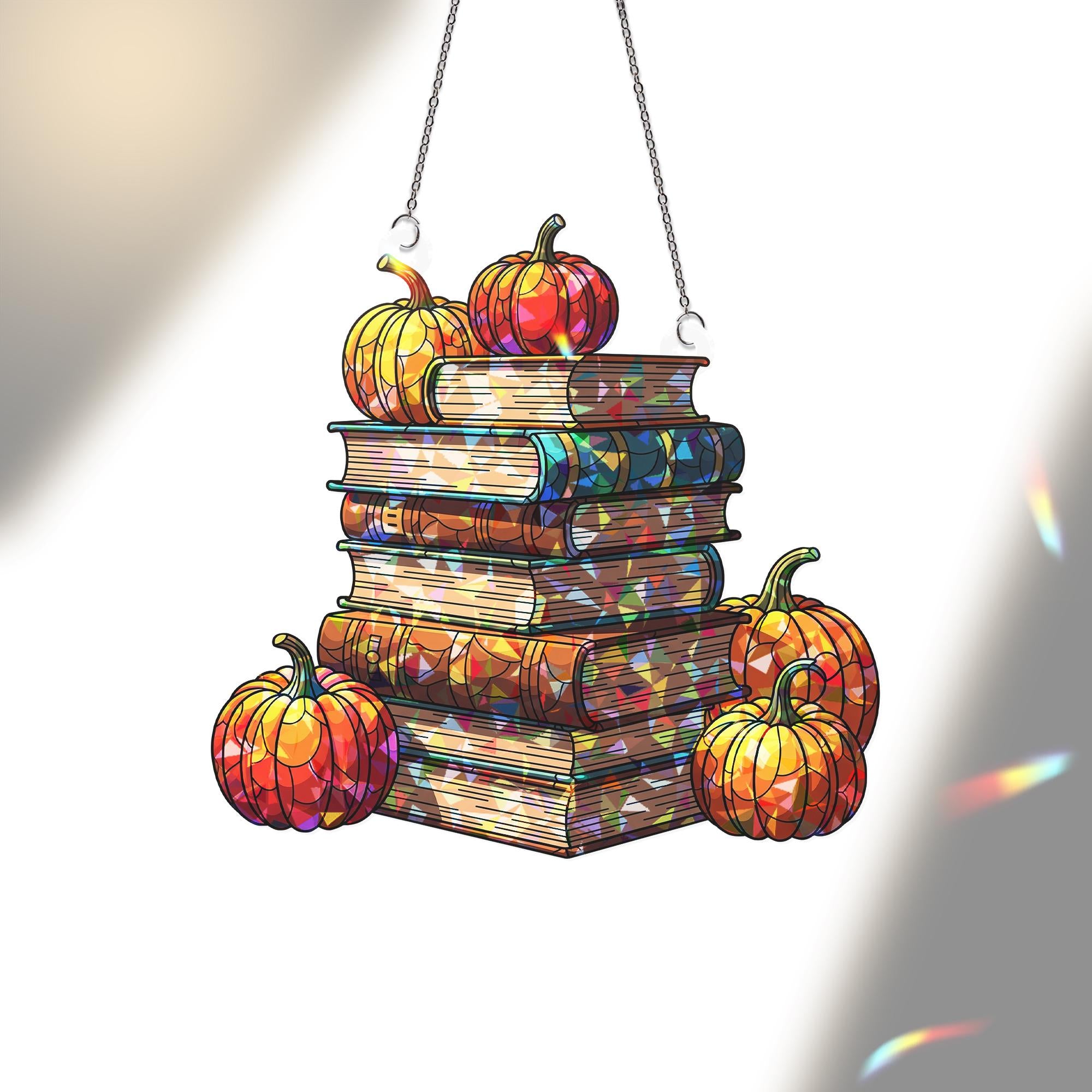 Pumpkin Books Window Hanging – Holographic Autumn Suncatcher, Fall Book Lover Decor, Pumpkin Stack Faux Glass Window Art Gift