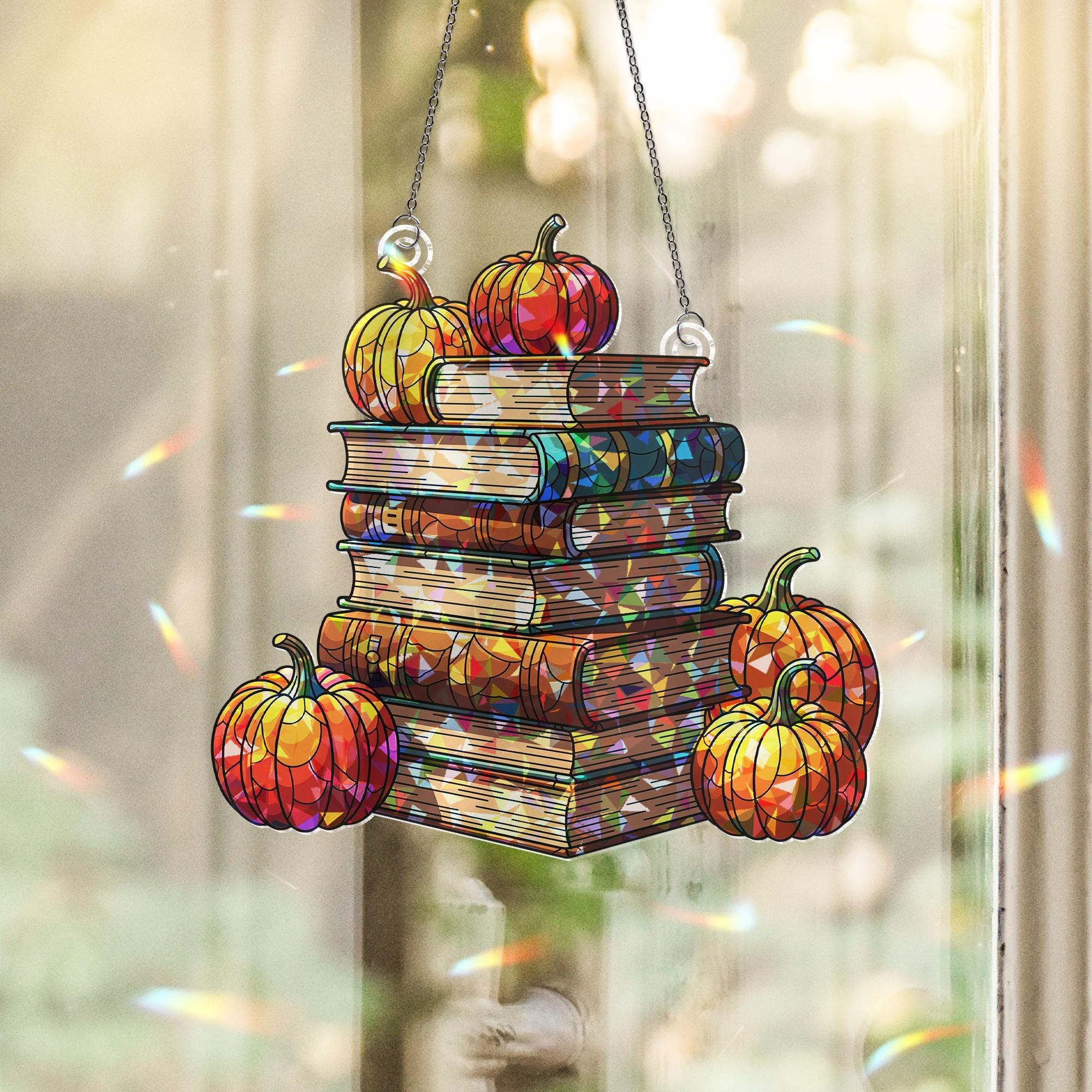 Pumpkin Books Window Hanging – Holographic Autumn Suncatcher, Fall Book Lover Decor, Pumpkin Stack Faux Glass Window Art Gift