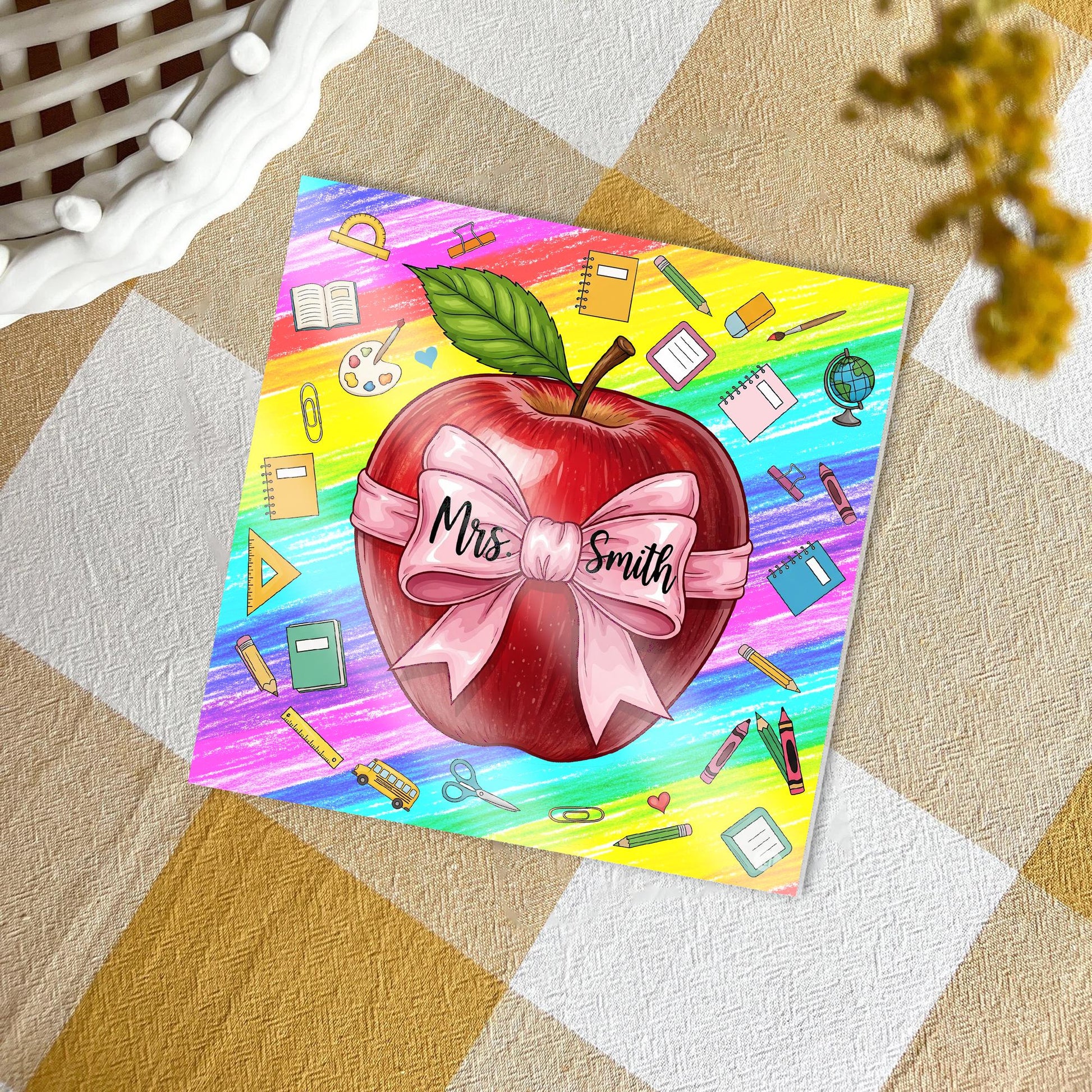 Custom Teacher Name Apple Coaster – Rainbow Classroom Decor Gift for Mrs. Smith, Personalized Back to School Teacher Appreciation
