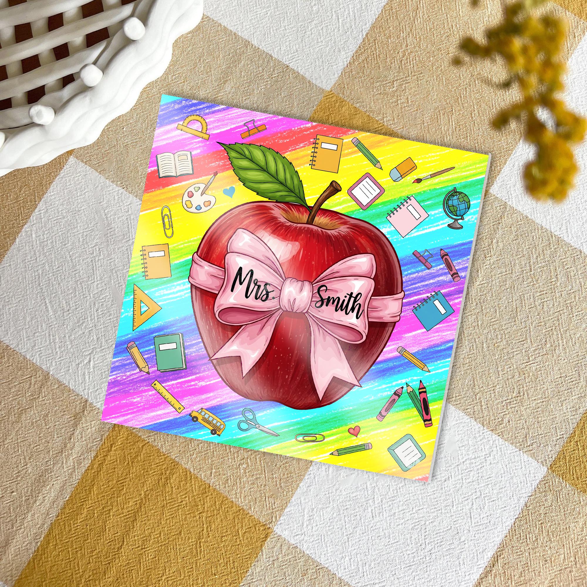 Custom Teacher Name Apple Coaster – Rainbow Classroom Decor Gift for Mrs. Smith, Personalized Back to School Teacher Appreciation