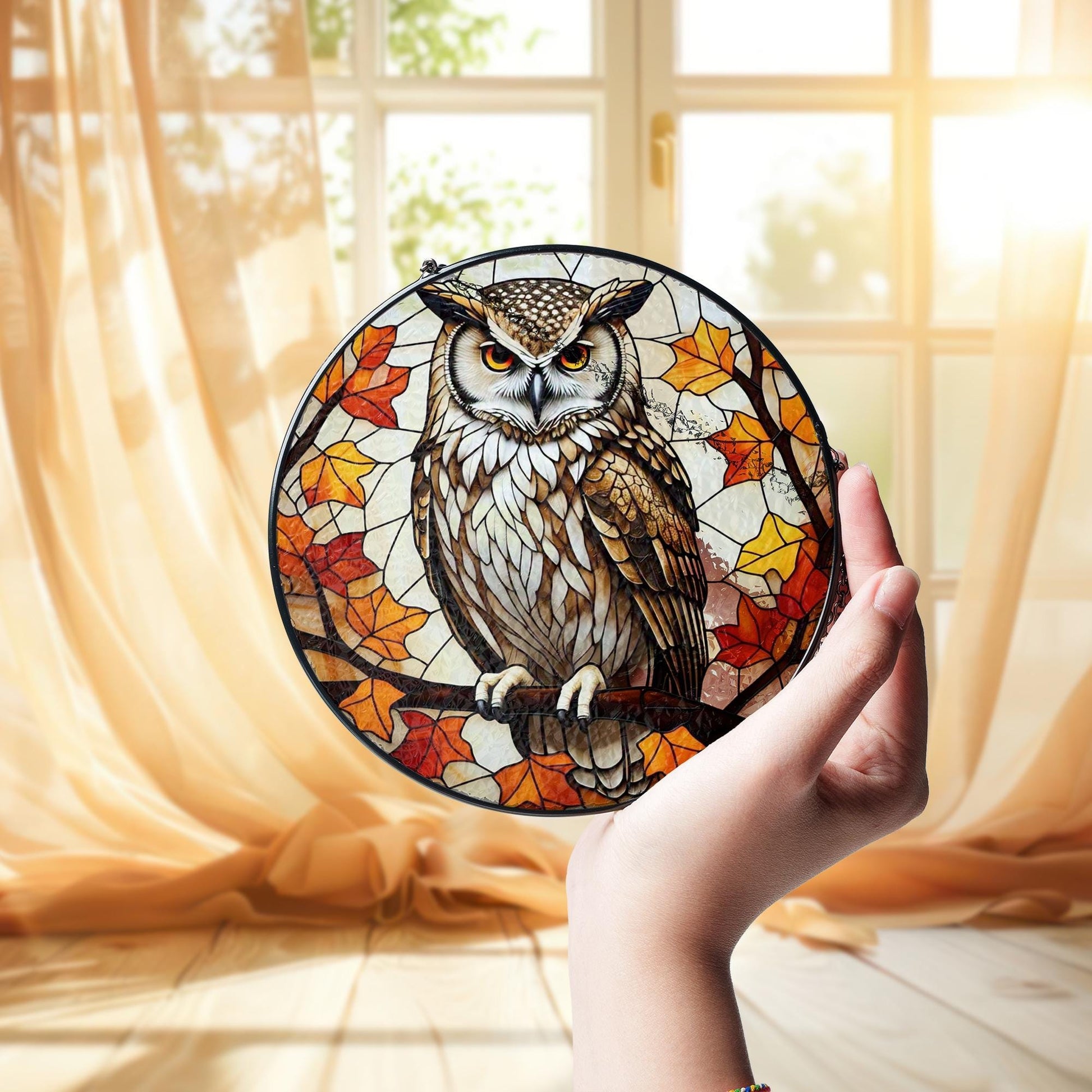 Owl Glass Suncatcher – Autumn Leaves Woodland Window Decor, Rustic Wildlife Gift for Nature Lovers