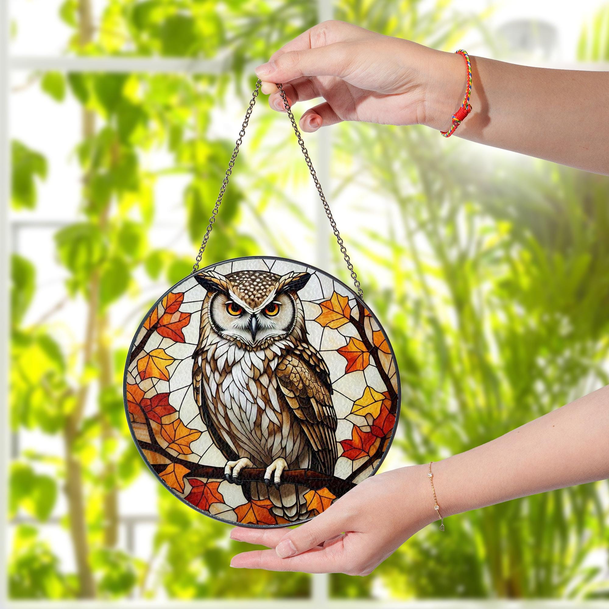 Owl Glass Suncatcher – Autumn Leaves Woodland Window Decor, Rustic Wildlife Gift for Nature Lovers