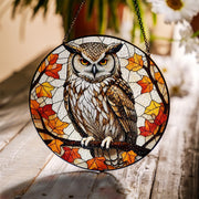 Owl Glass Suncatcher – Autumn Leaves Woodland Window Decor, Rustic Wildlife Gift for Nature Lovers