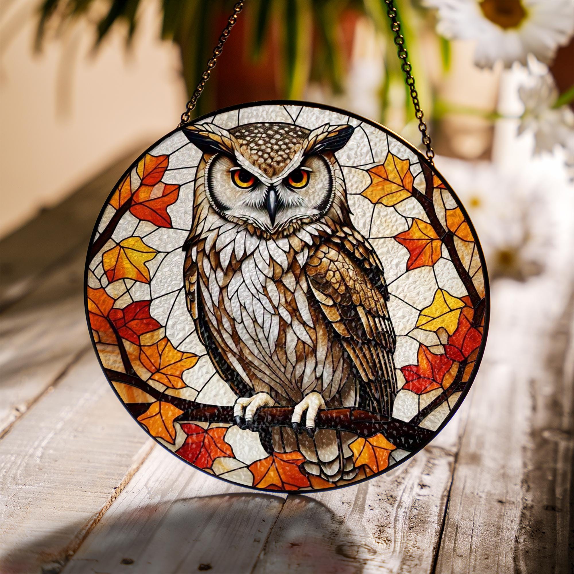 Owl Glass Suncatcher – Autumn Leaves Woodland Window Decor, Rustic Wildlife Gift for Nature Lovers