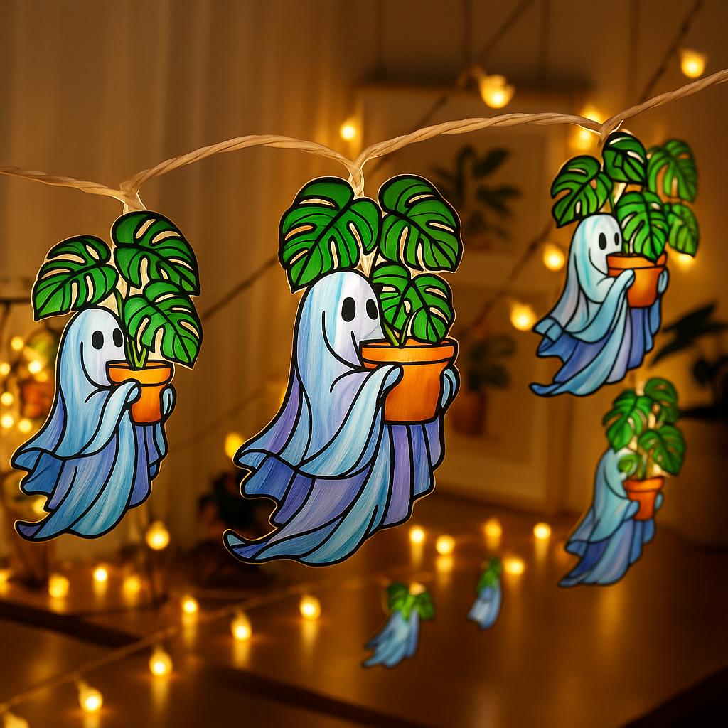 Spooky Ghost & Monstera String Lights, Halloween Plant Lover Decor, Cute Boho Ghost Light Garland for Indoor Fall or Party Vibes