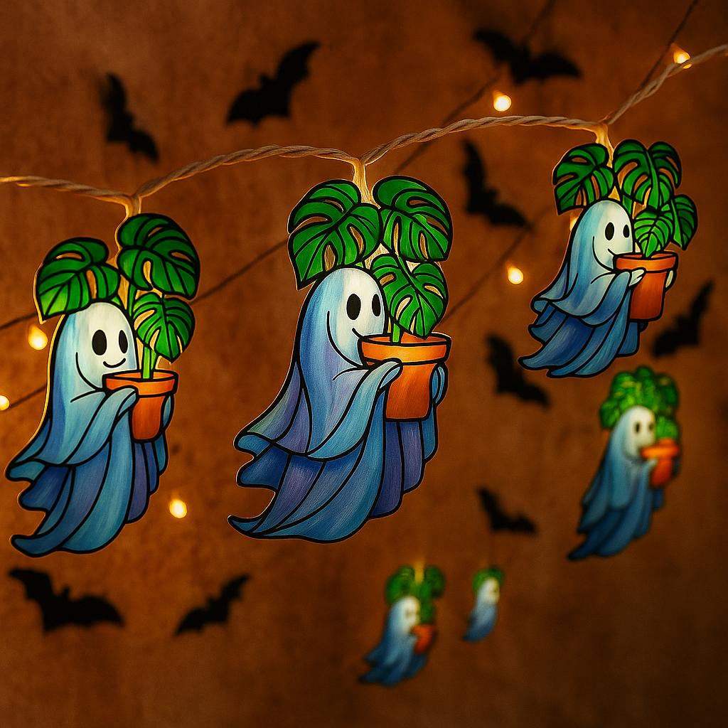 Spooky Ghost & Monstera String Lights, Halloween Plant Lover Decor, Cute Boho Ghost Light Garland for Indoor Fall or Party Vibes