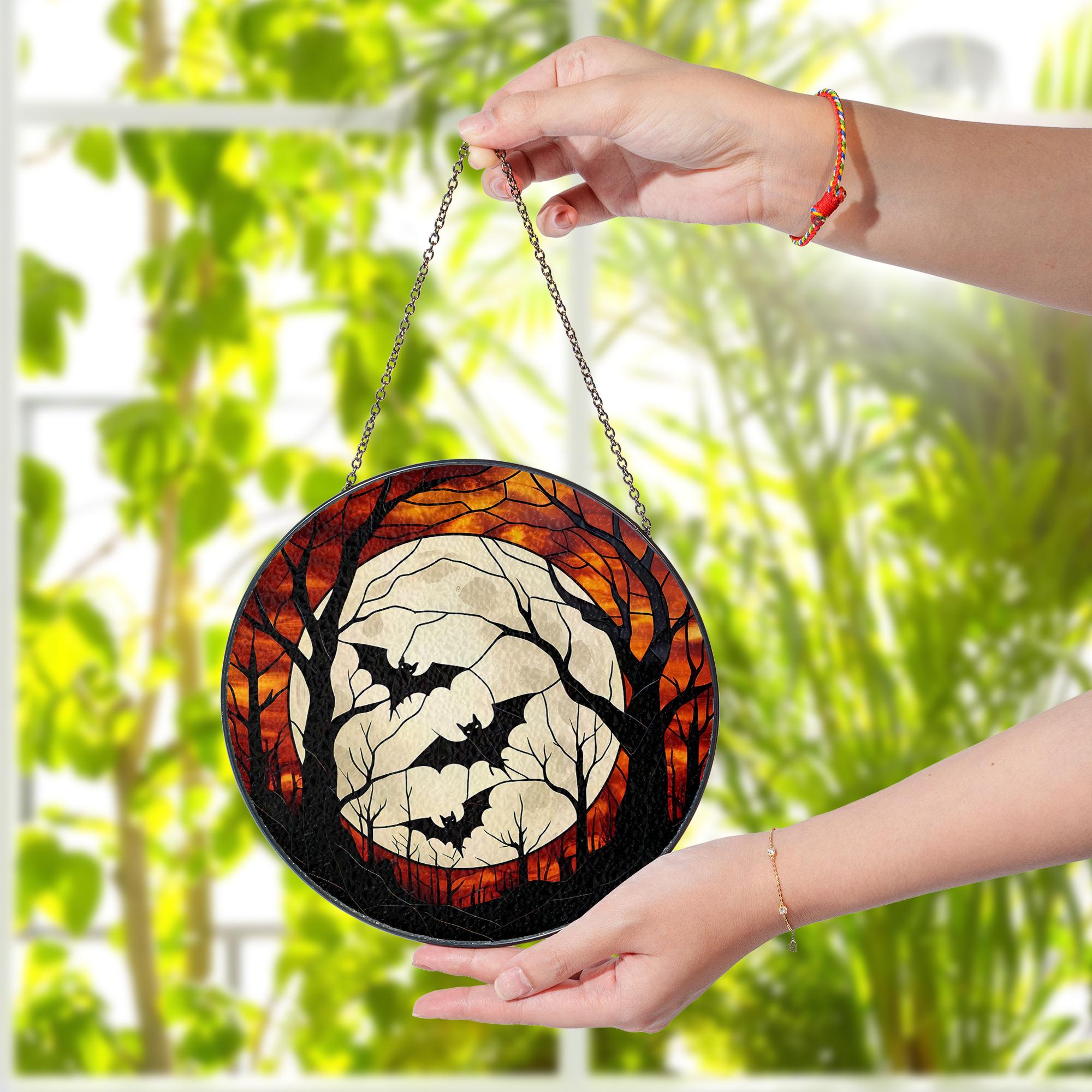 Halloween Bat Glass Suncatcher | Autumn Full Moon Window Decor | Spooky Fall Hanging Art | Stained Look Gothic Halloween Decoration