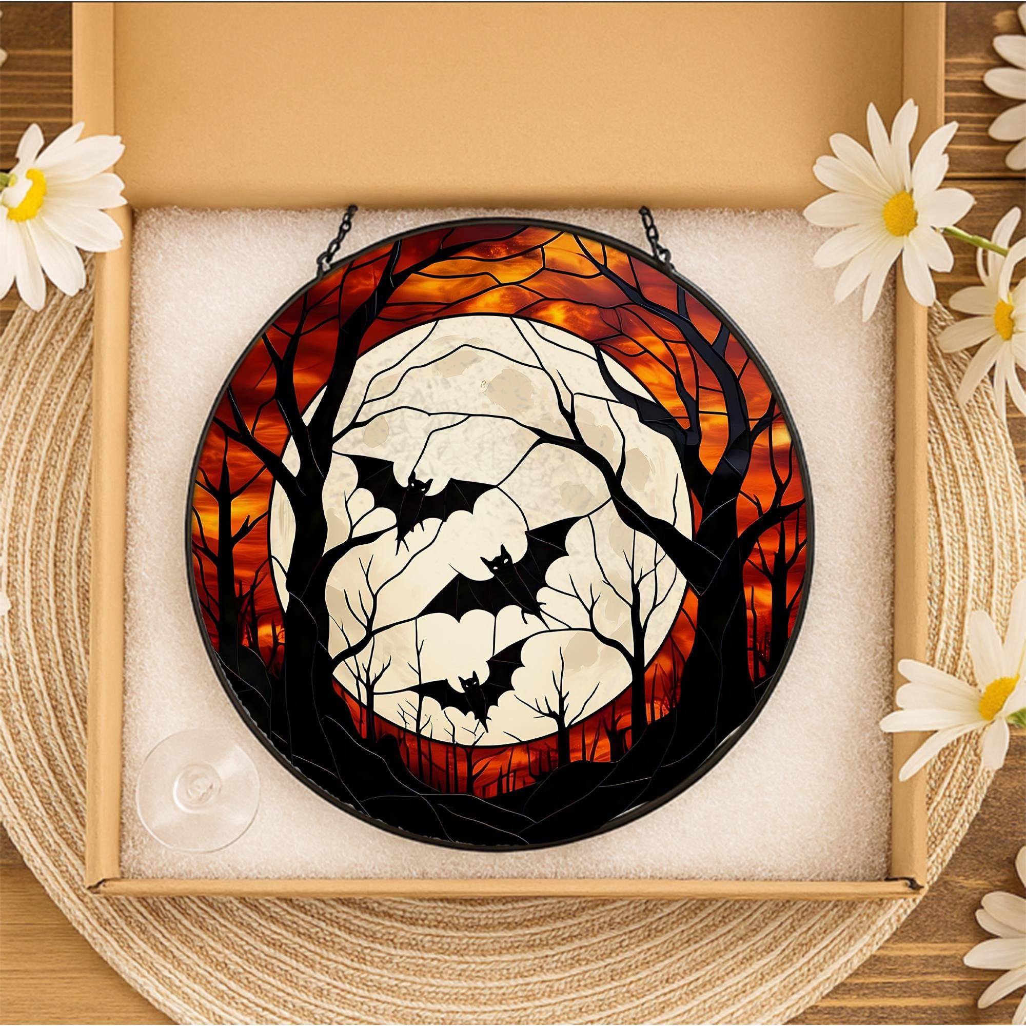 Halloween Bat Glass Suncatcher | Autumn Full Moon Window Decor | Spooky Fall Hanging Art | Stained Look Gothic Halloween Decoration