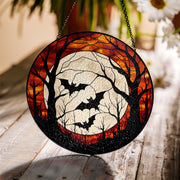 Halloween Bat Glass Suncatcher | Autumn Full Moon Window Decor | Spooky Fall Hanging Art | Stained Look Gothic Halloween Decoration