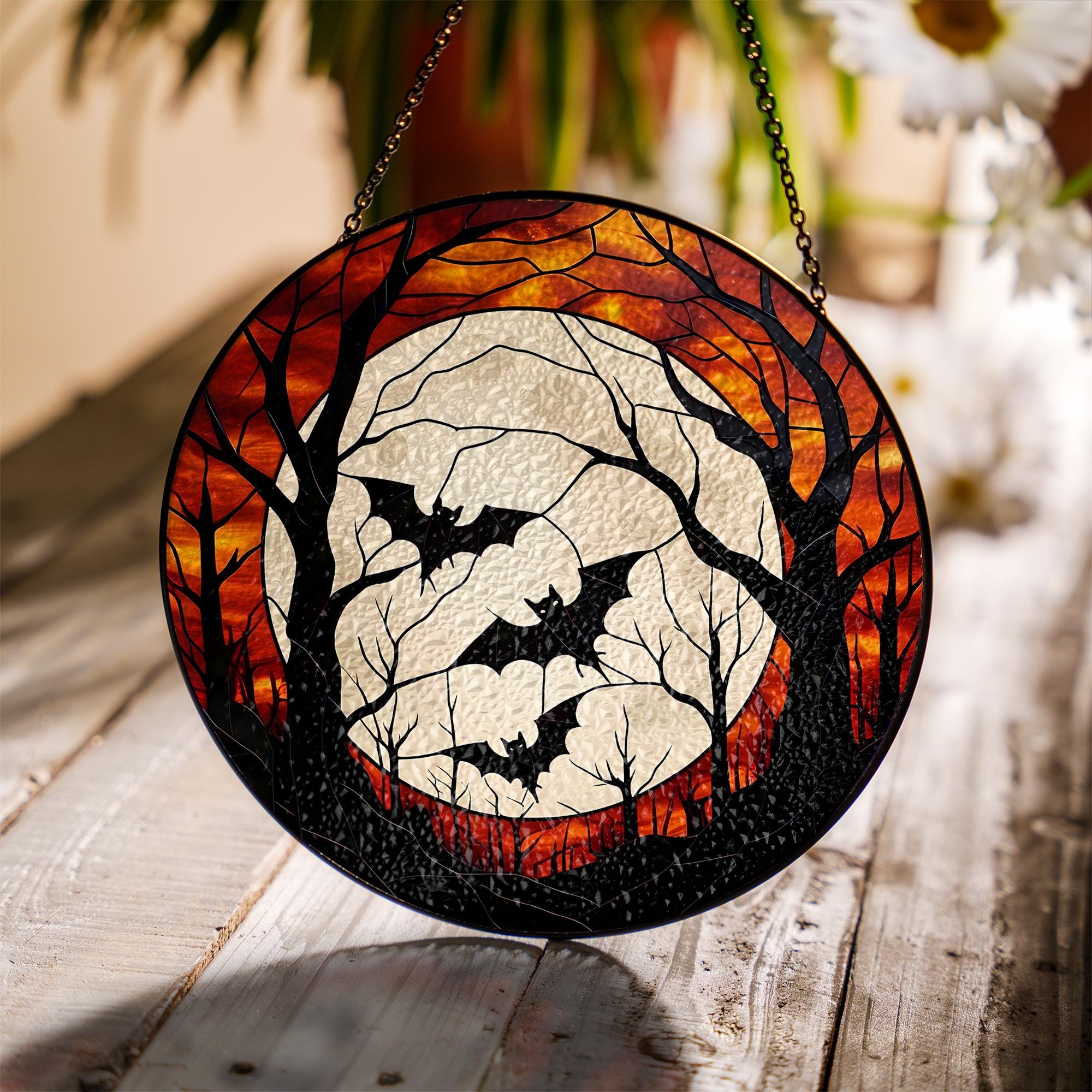 Halloween Bat Glass Suncatcher | Autumn Full Moon Window Decor | Spooky Fall Hanging Art | Stained Look Gothic Halloween Decoration