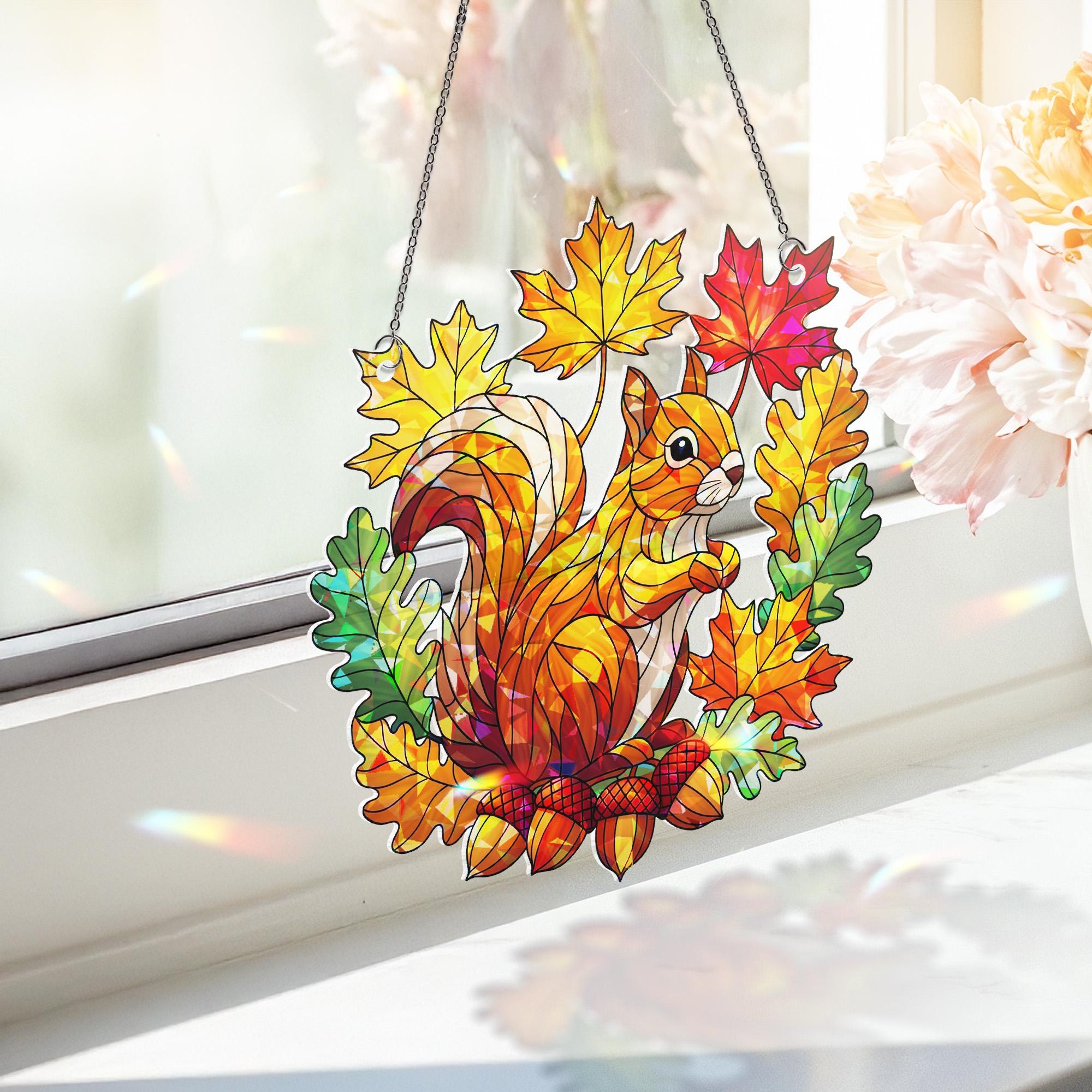 Fall Squirrel Acrylic Window Hanging | Autumn Leaf Decor for Teachers | Woodland Animal Classroom or Home Decor | Fall Gift Idea