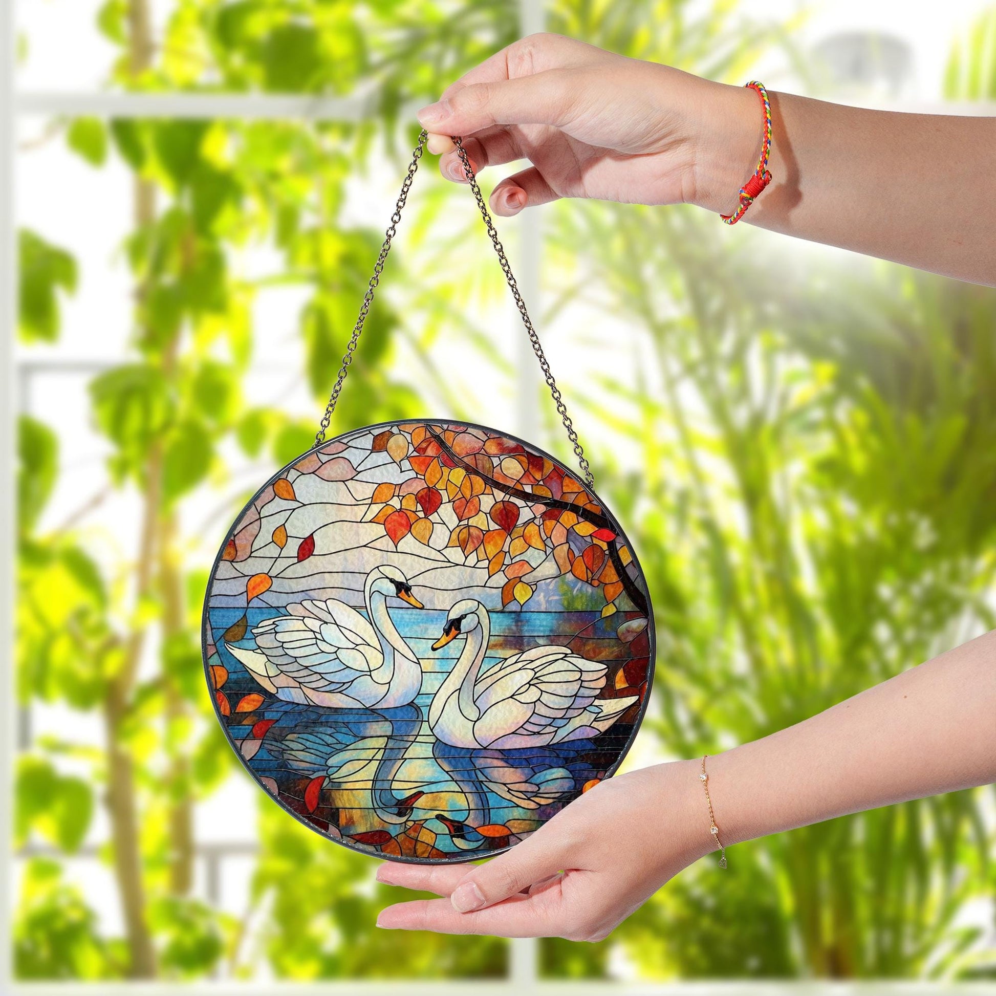 Swan Couple Glass Suncatcher – Romantic Window Hanging with Autumn Leaves and Lake Reflection Scene