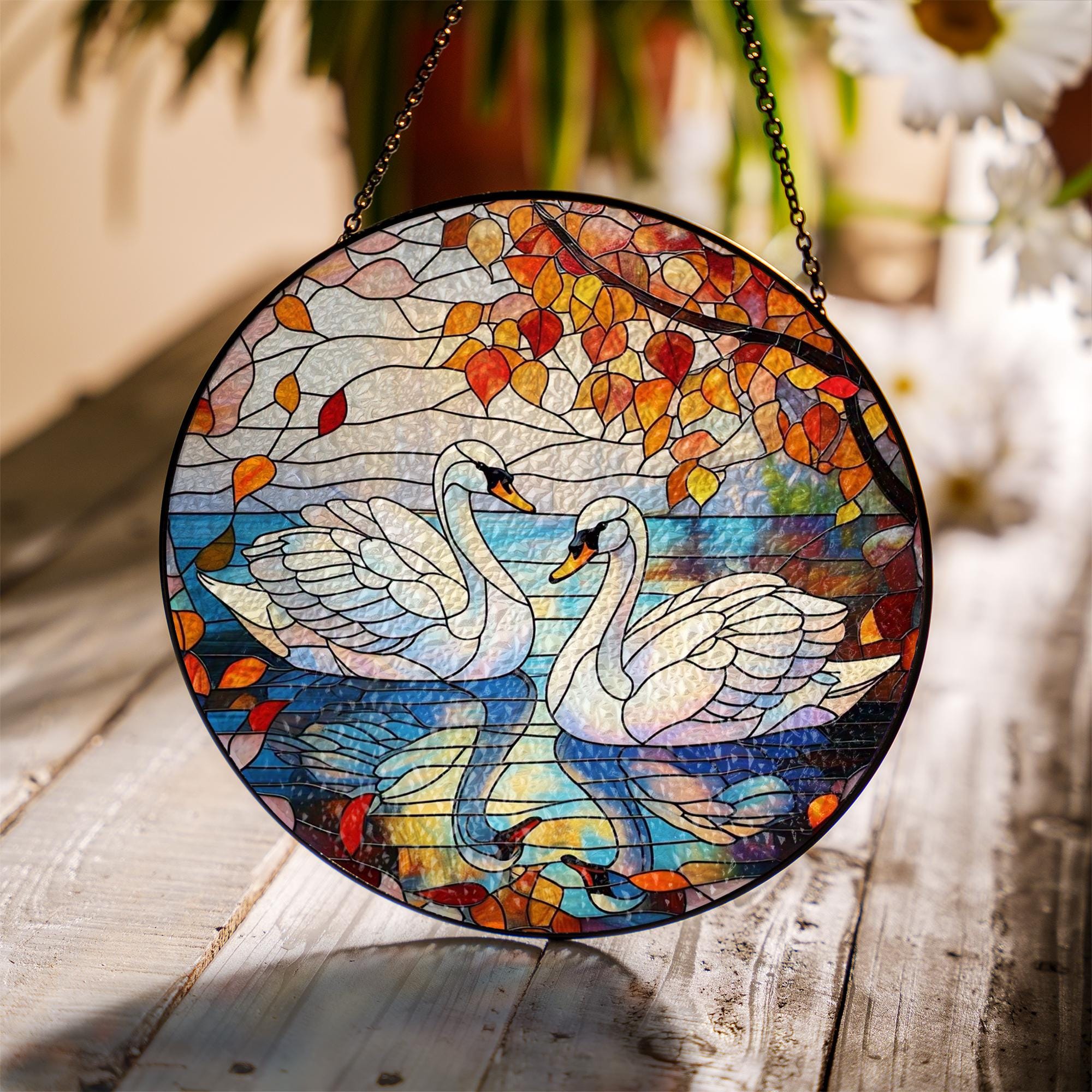 Swan Couple Glass Suncatcher – Romantic Window Hanging with Autumn Leaves and Lake Reflection Scene