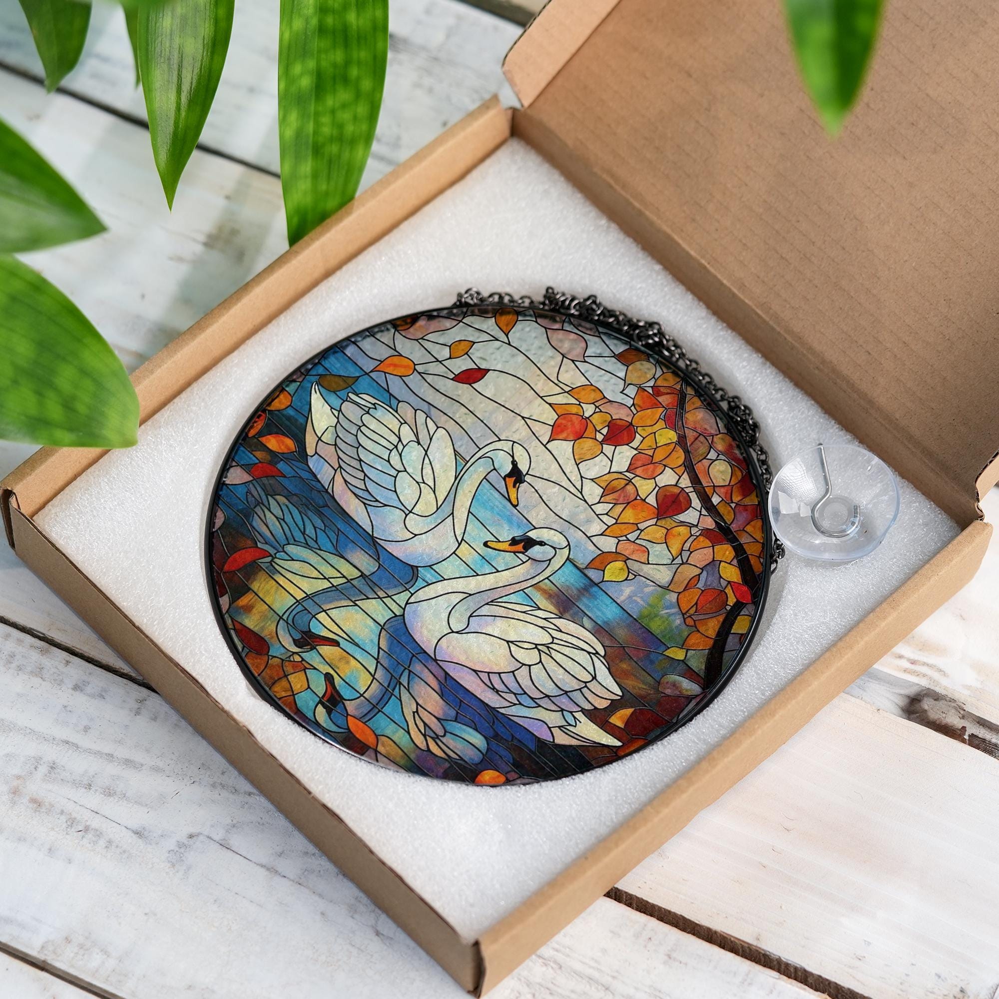 Swan Couple Glass Suncatcher – Romantic Window Hanging with Autumn Leaves and Lake Reflection Scene