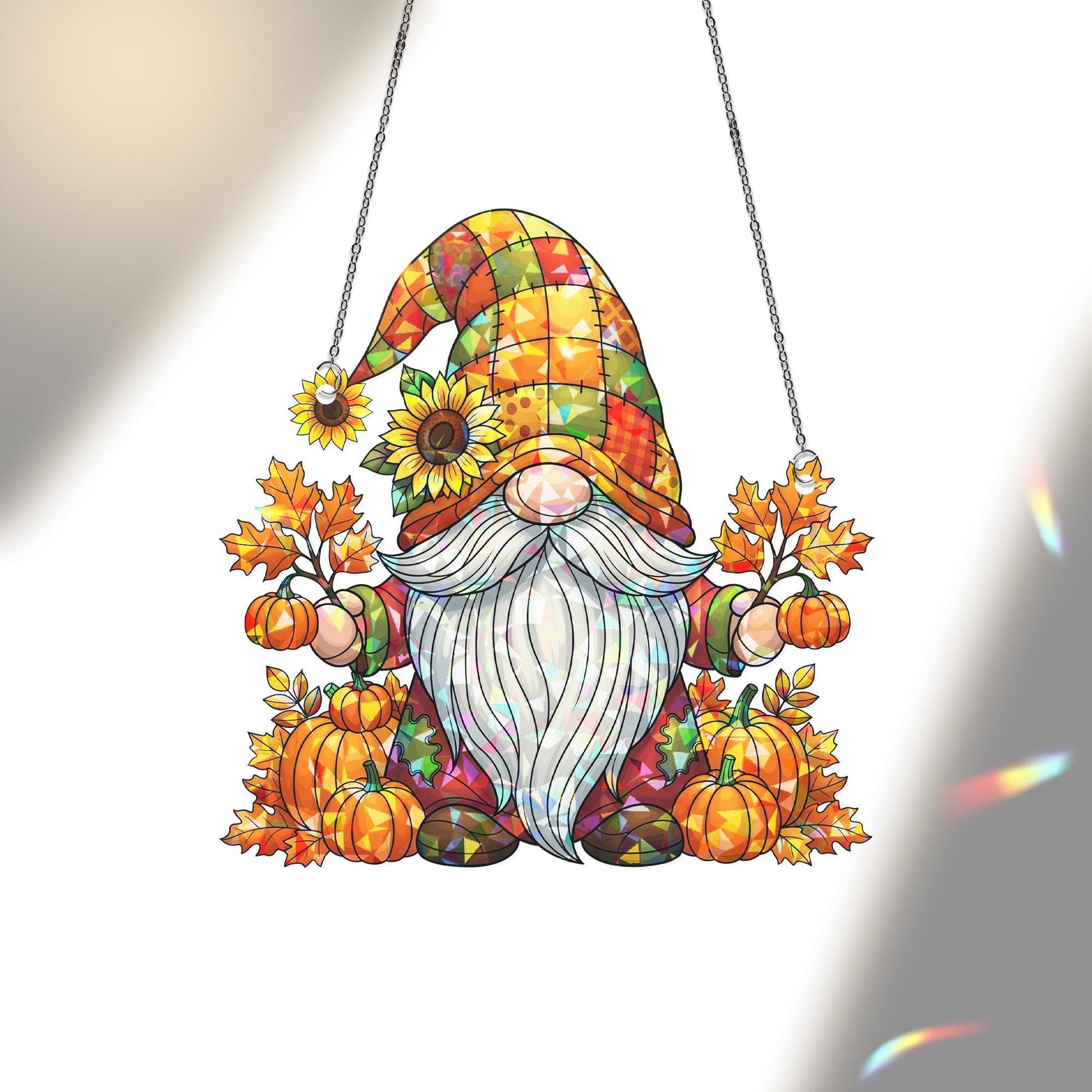 Autumn Gnome Acrylic Window Hanging | Fall Pumpkin Decor with Sunflower and Leaves | Cute Seasonal Gnome Art | Fall Home Window Accent