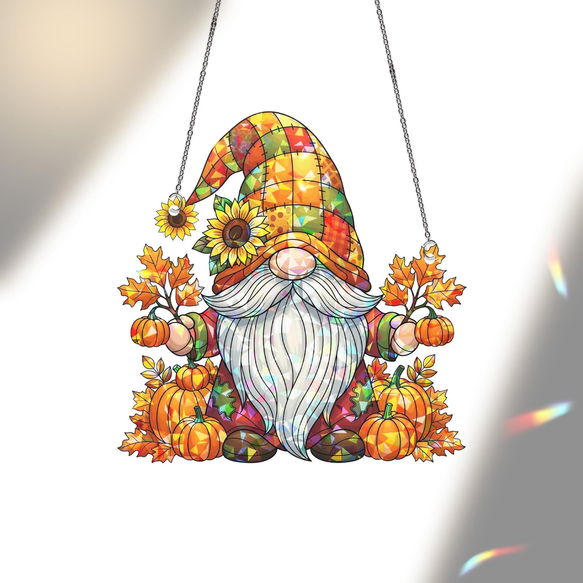 Autumn Gnome Acrylic Window Hanging | Fall Pumpkin Decor with Sunflower and Leaves | Cute Seasonal Gnome Art | Fall Home Window Accent