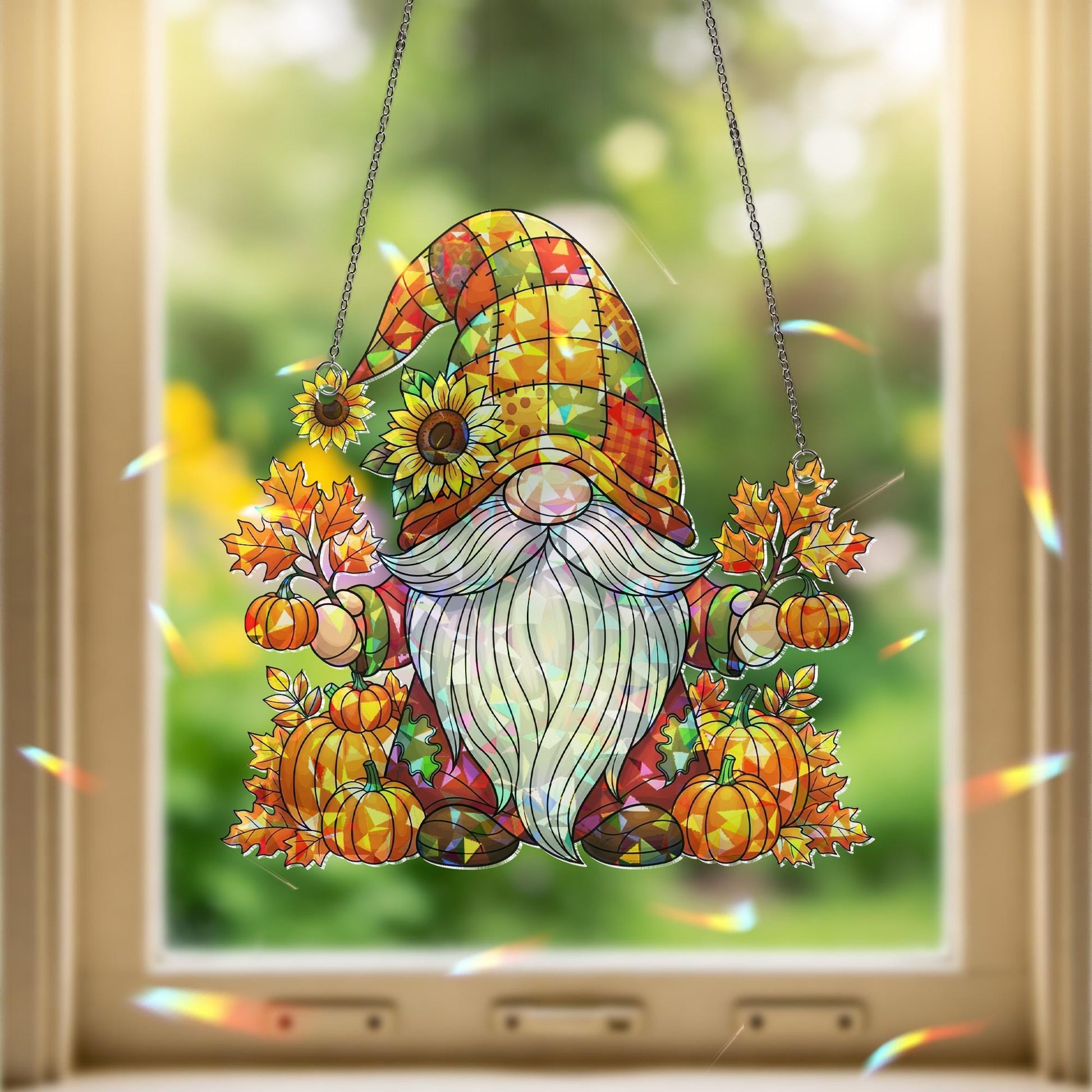 Autumn Gnome Acrylic Window Hanging | Fall Pumpkin Decor with Sunflower and Leaves | Cute Seasonal Gnome Art | Fall Home Window Accent
