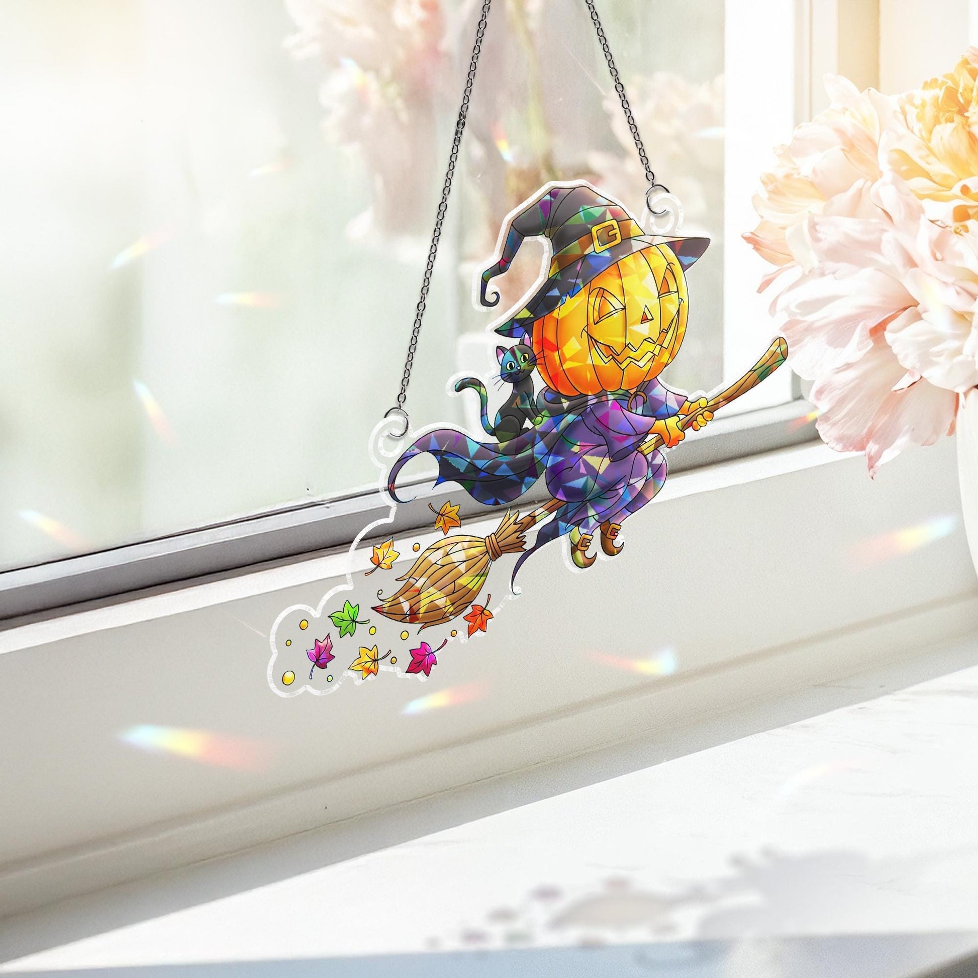 Stained Glass Pumpkin Witch Suncatcher – Halloween Flying Jack-o’-Lantern Window Decor