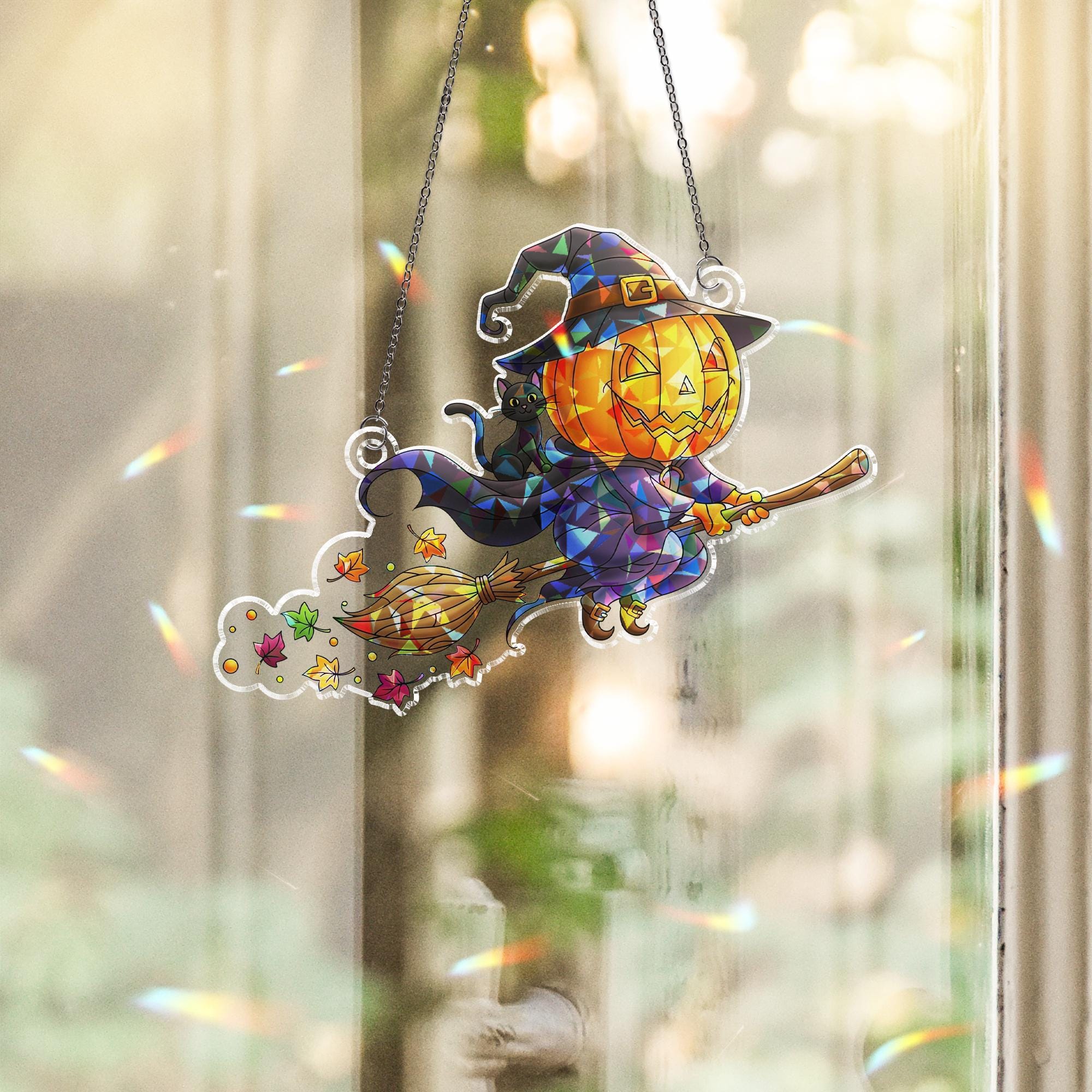 Stained Glass Pumpkin Witch Suncatcher – Halloween Flying Jack-o’-Lantern Window Decor