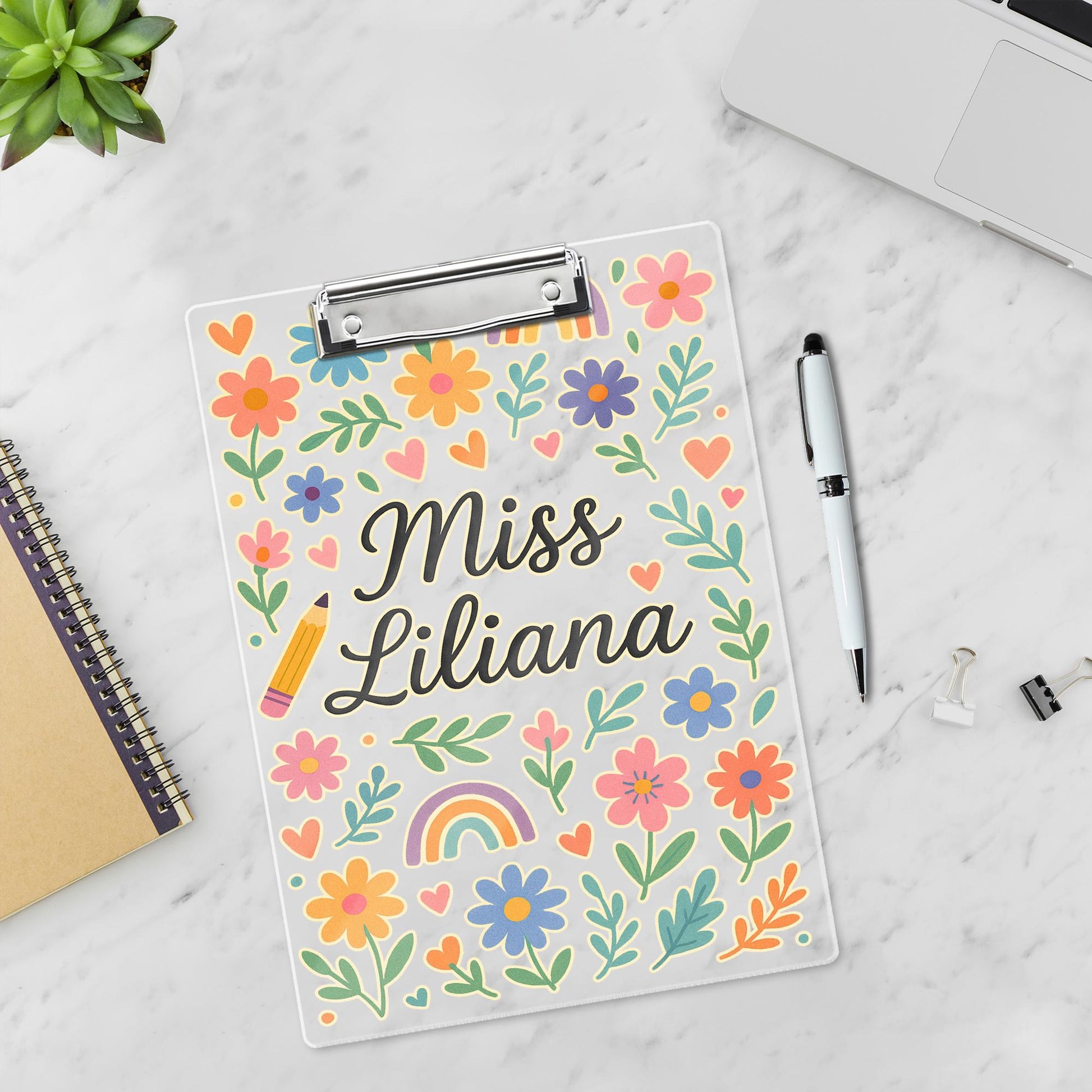Personalized Teacher Clipboard, Custom Floral Clipboard with Name, Back to School Gift, Cute Rainbow Classroom Organizer
