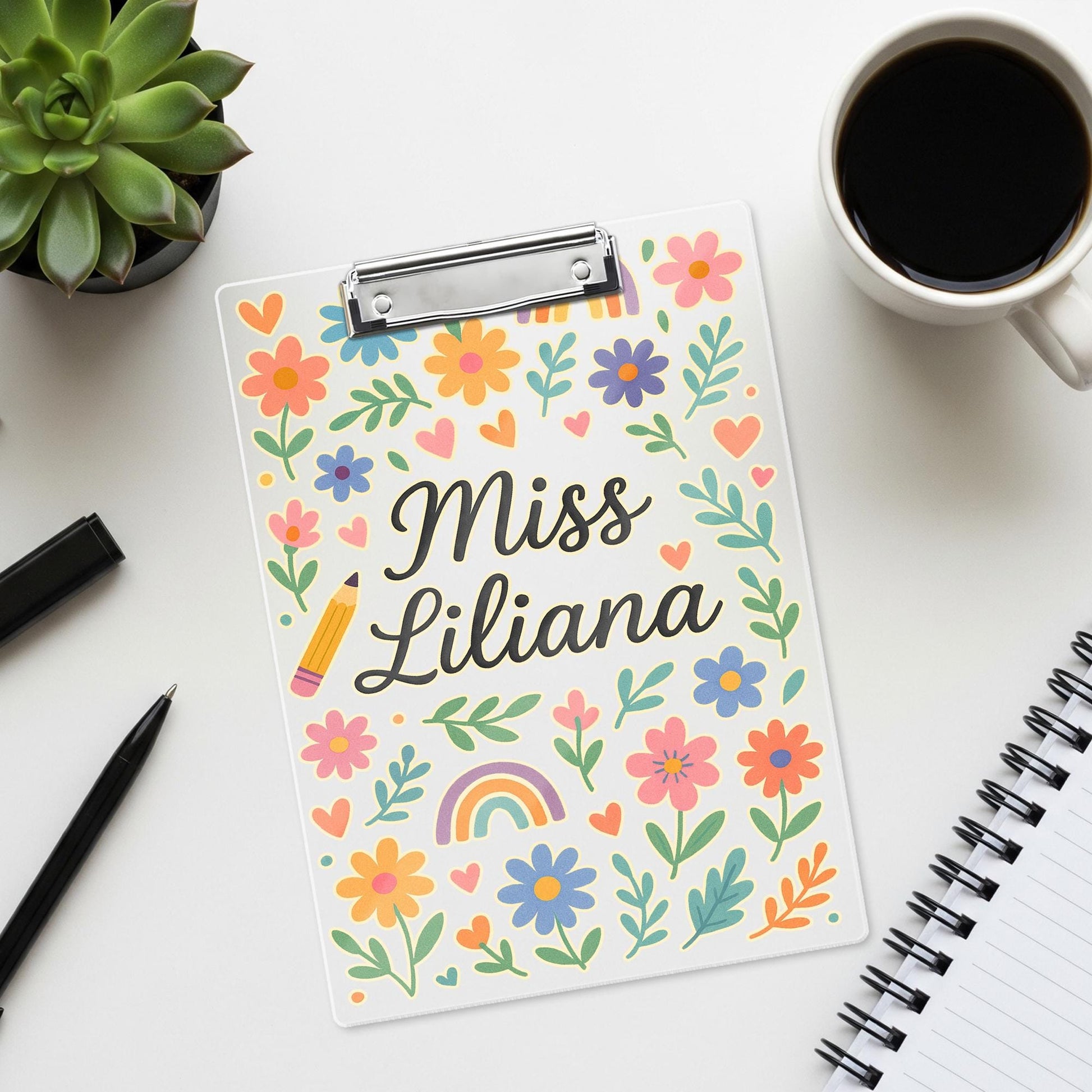 Personalized Teacher Clipboard, Custom Floral Clipboard with Name, Back to School Gift, Cute Rainbow Classroom Organizer