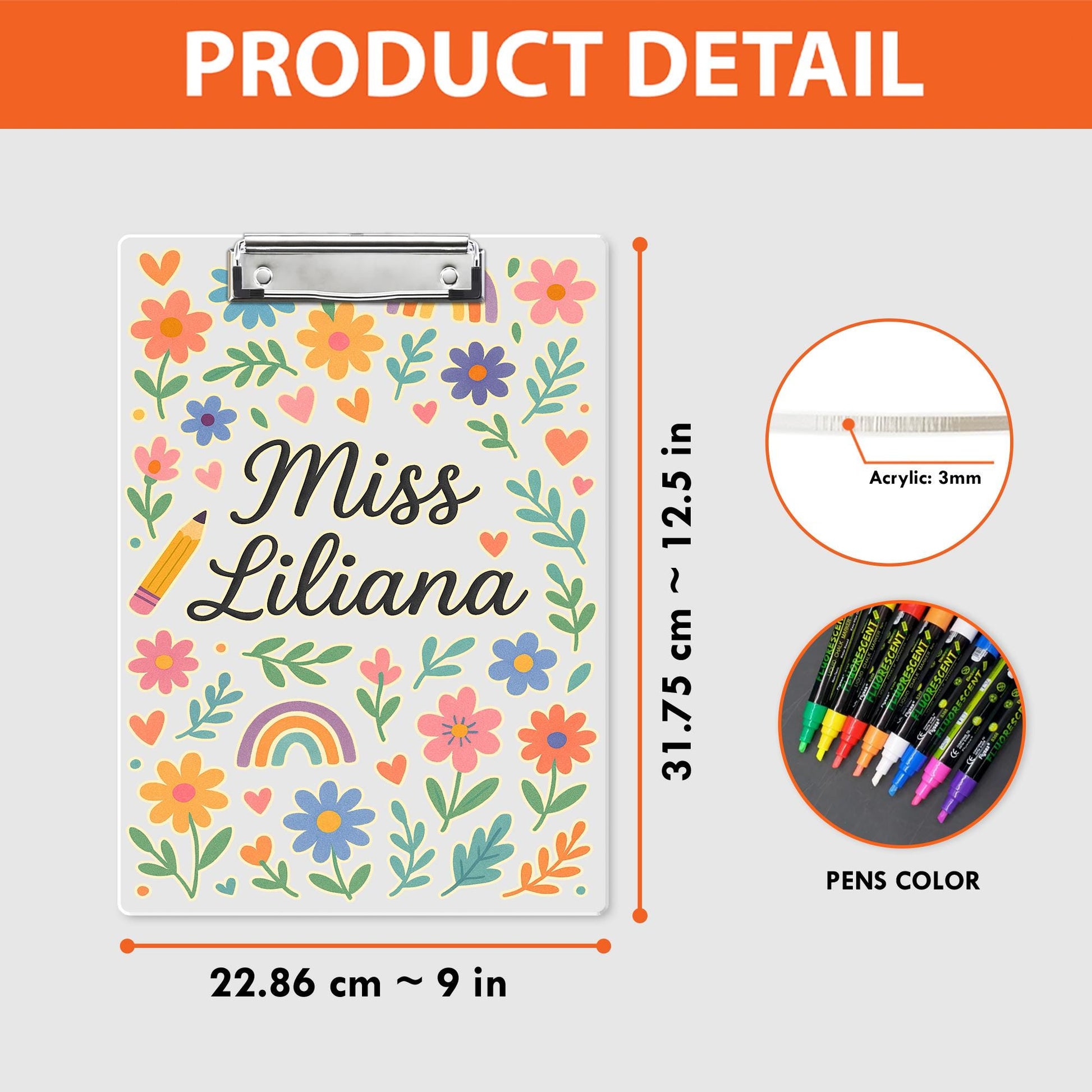Personalized Teacher Clipboard, Custom Floral Clipboard with Name, Back to School Gift, Cute Rainbow Classroom Organizer