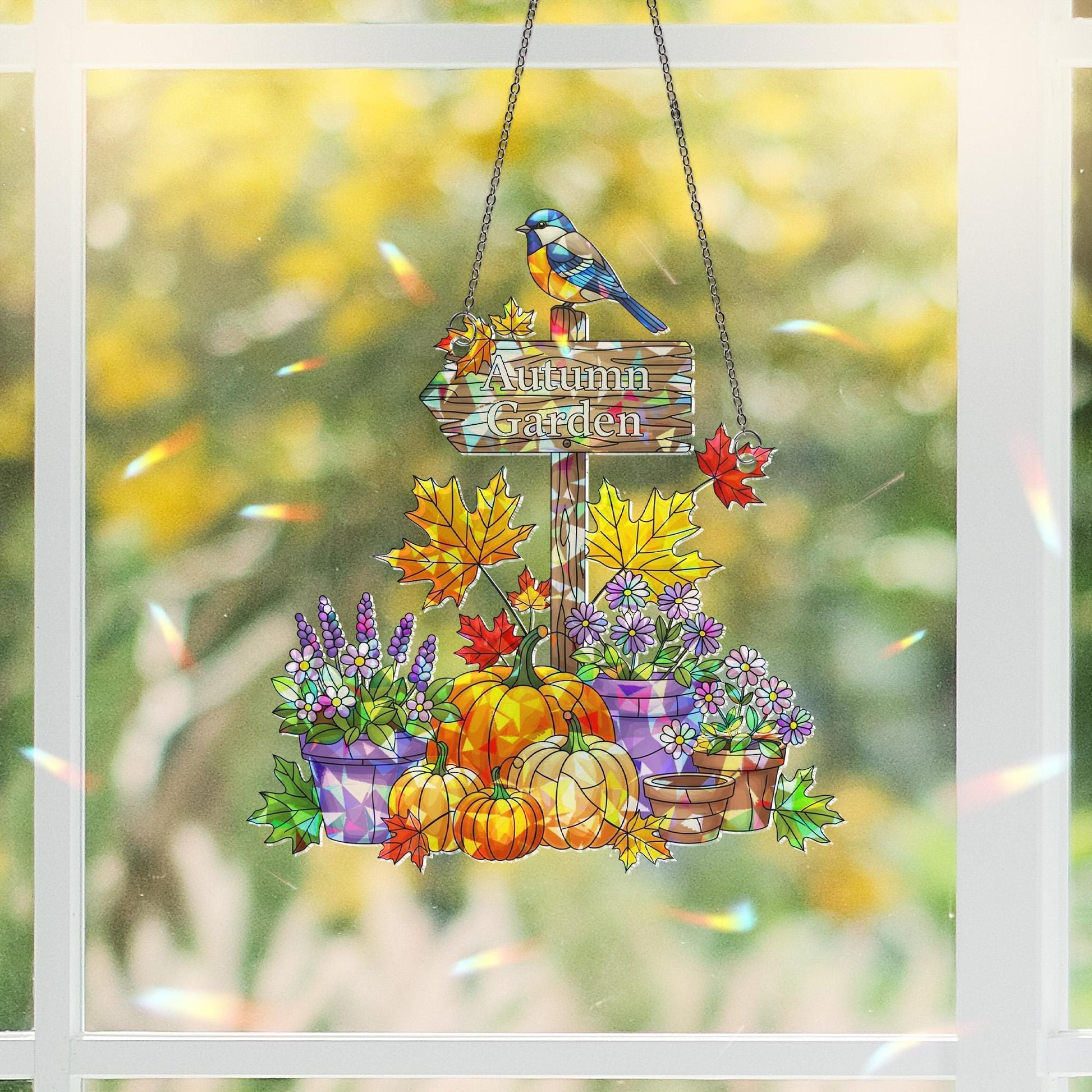 Personalized Autumn Garden Acrylic Window Hanging | Custom Fall Decor with Pumpkins & Flowers | Autumn Window Sign Gift