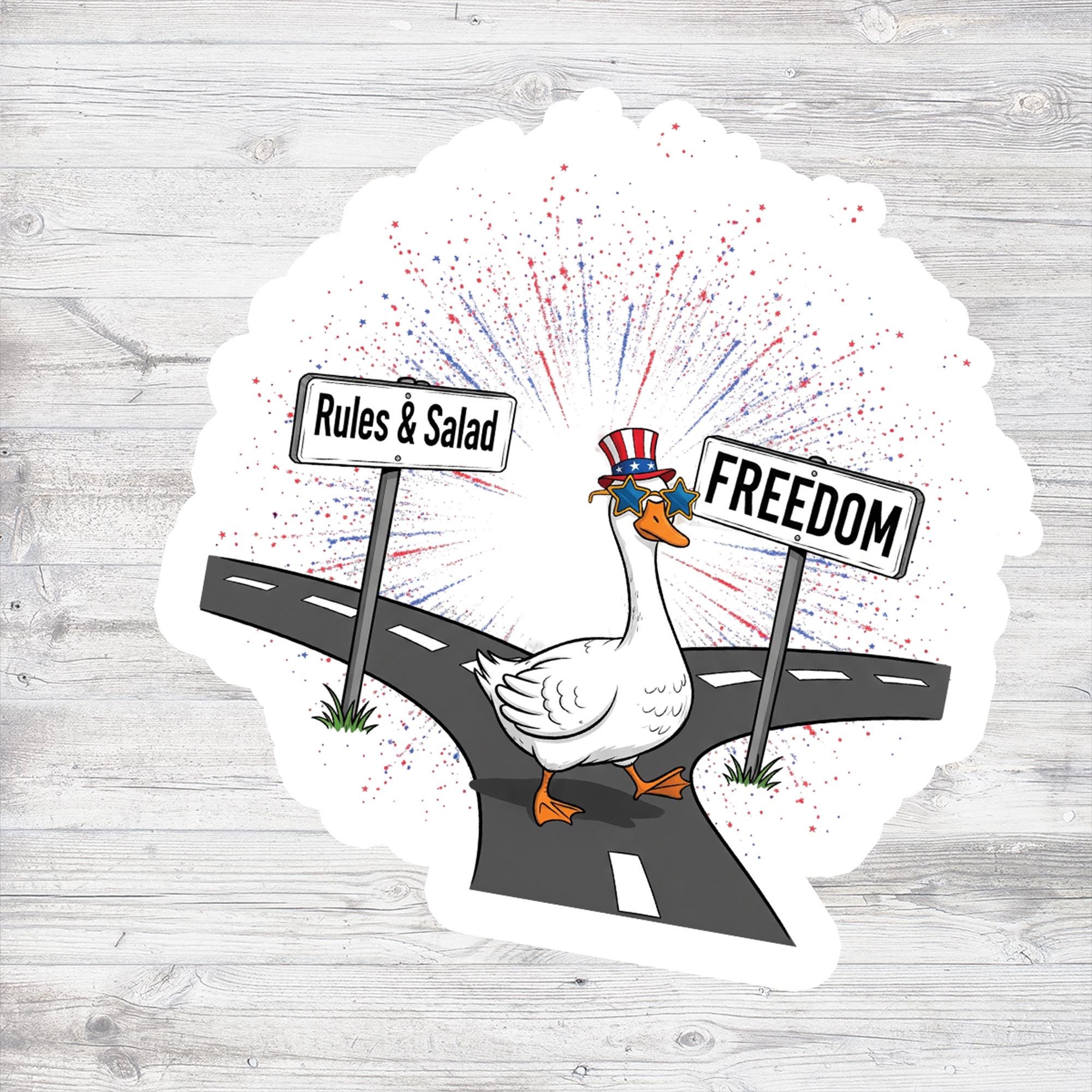 Funny Patriotic Goose Sticker – Freedom Over Rules, USA 4th of July Vinyl Decal – America Animal Humor for Laptop or Journal