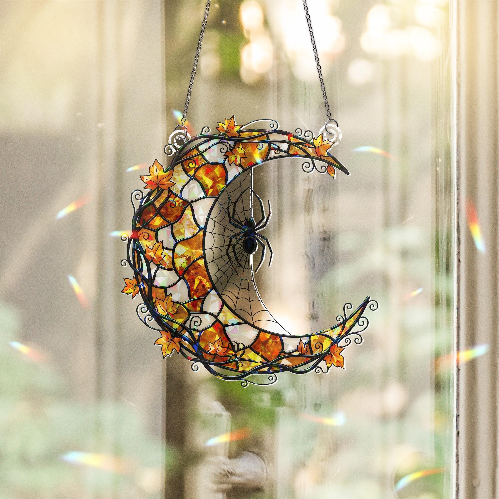 Crescent Moon Spider Web Acrylic Window Hanging | Fall Halloween Decor with Leaves | Autumn Gothic Window Ornament Gift