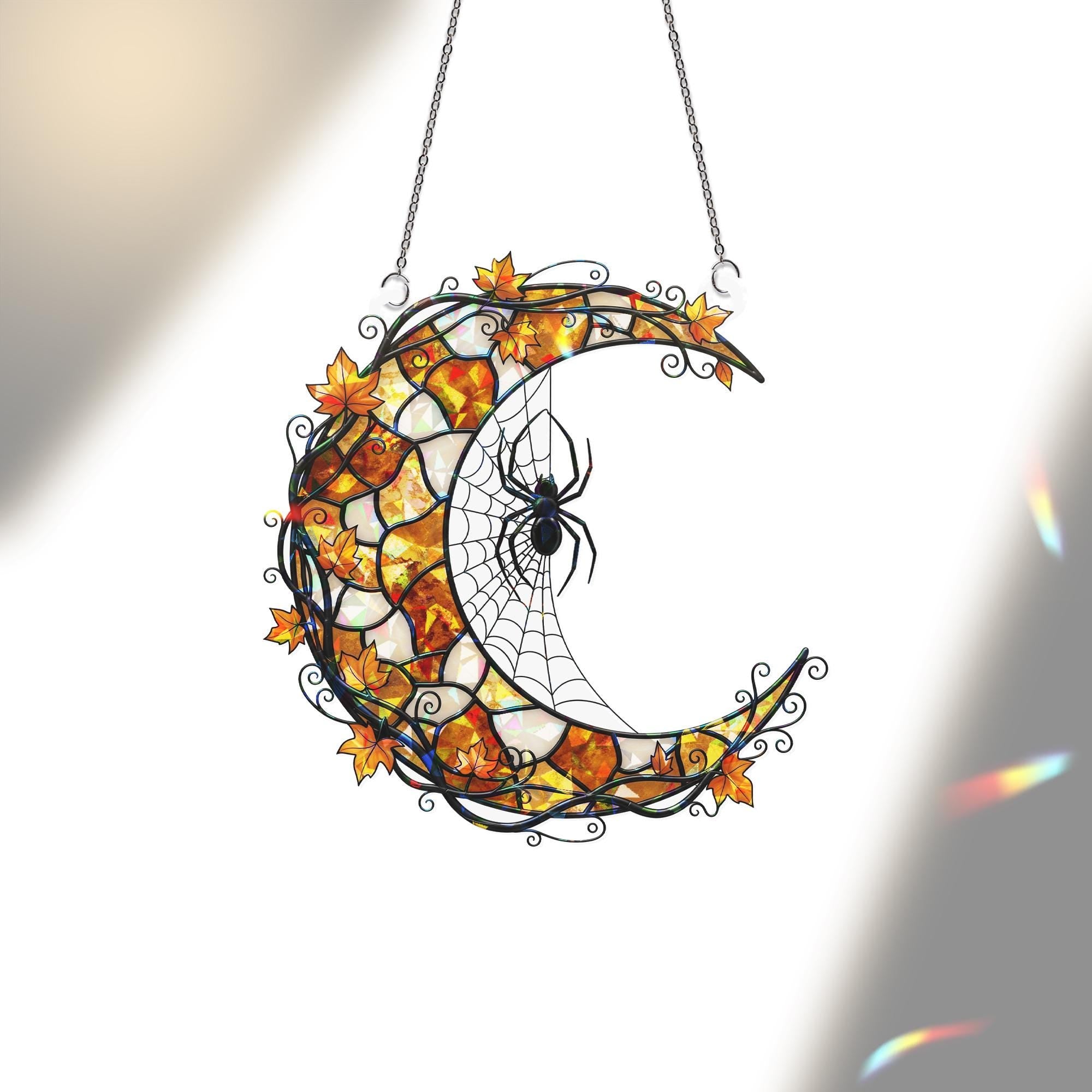 Crescent Moon Spider Web Acrylic Window Hanging | Fall Halloween Decor with Leaves | Autumn Gothic Window Ornament Gift