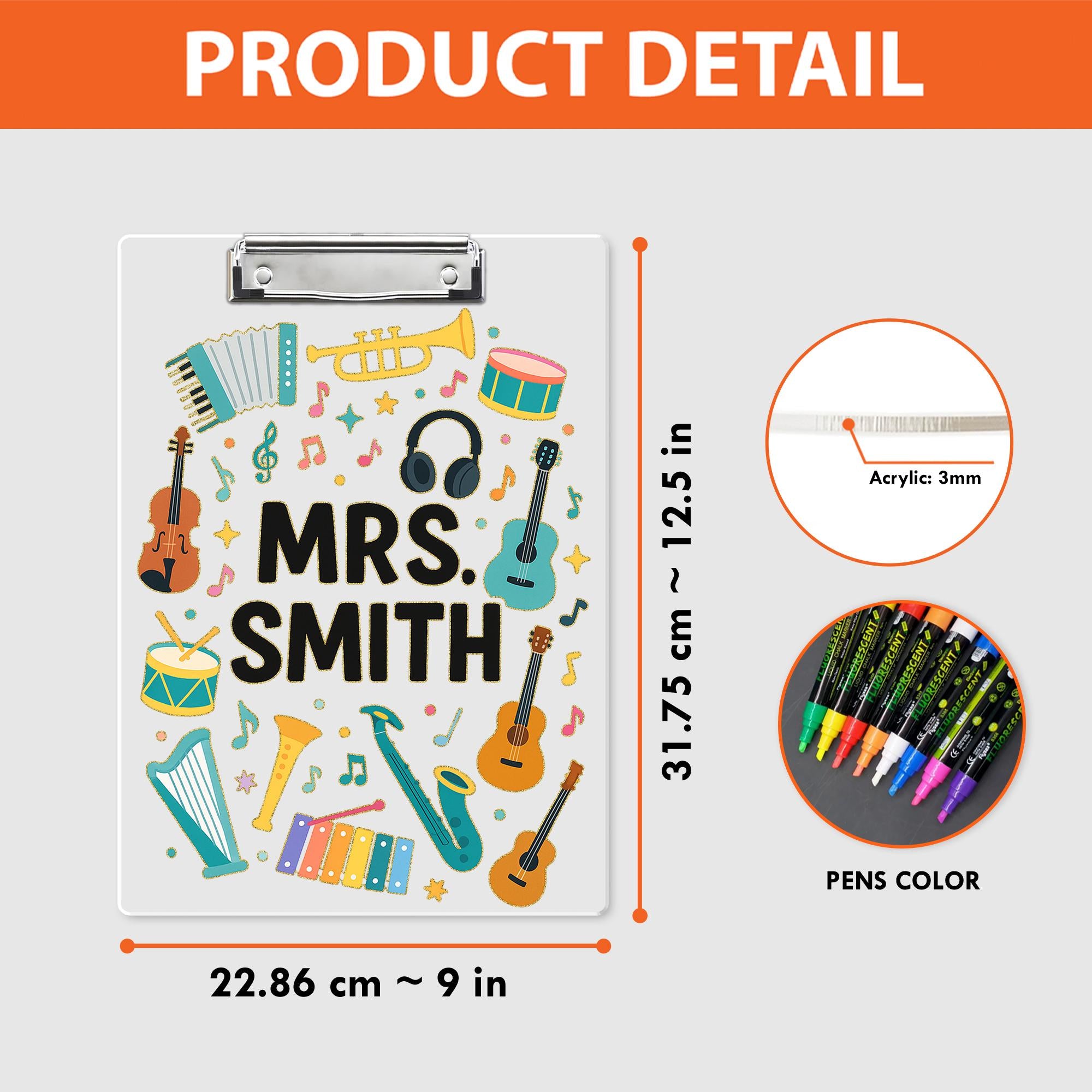 Custom Music Teacher Clipboard, Personalized Back to School Gift, Instrument Design Clipboard, Classroom Supply for Educators