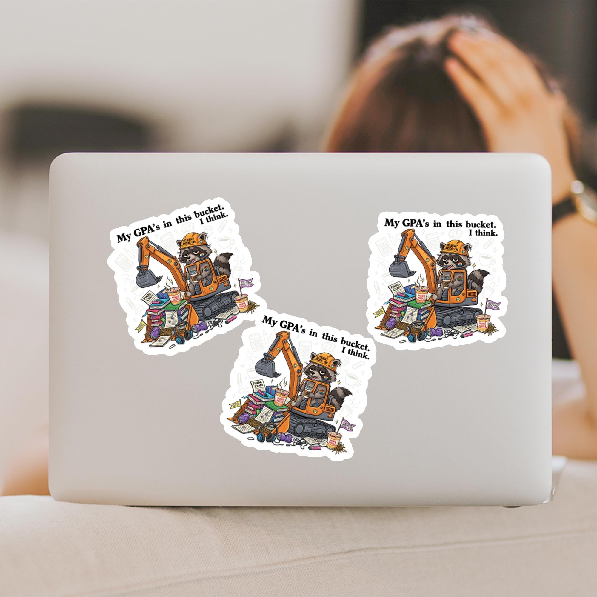 Funny GPA Student Sticker – Exhausted Raccoon Finals Humor Decal – College Study Meme Gift for Students