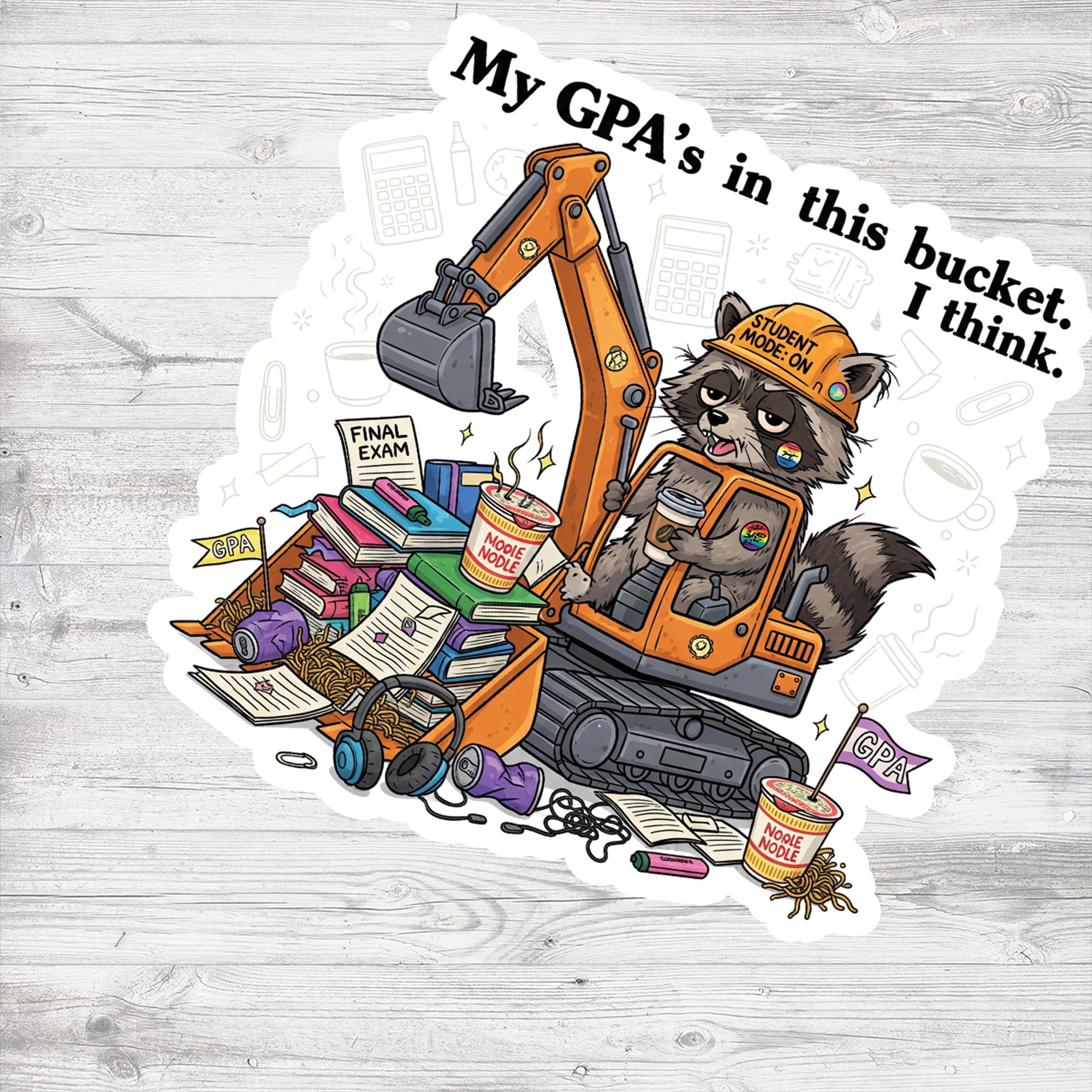 Funny GPA Student Sticker – Exhausted Raccoon Finals Humor Decal – College Study Meme Gift for Students