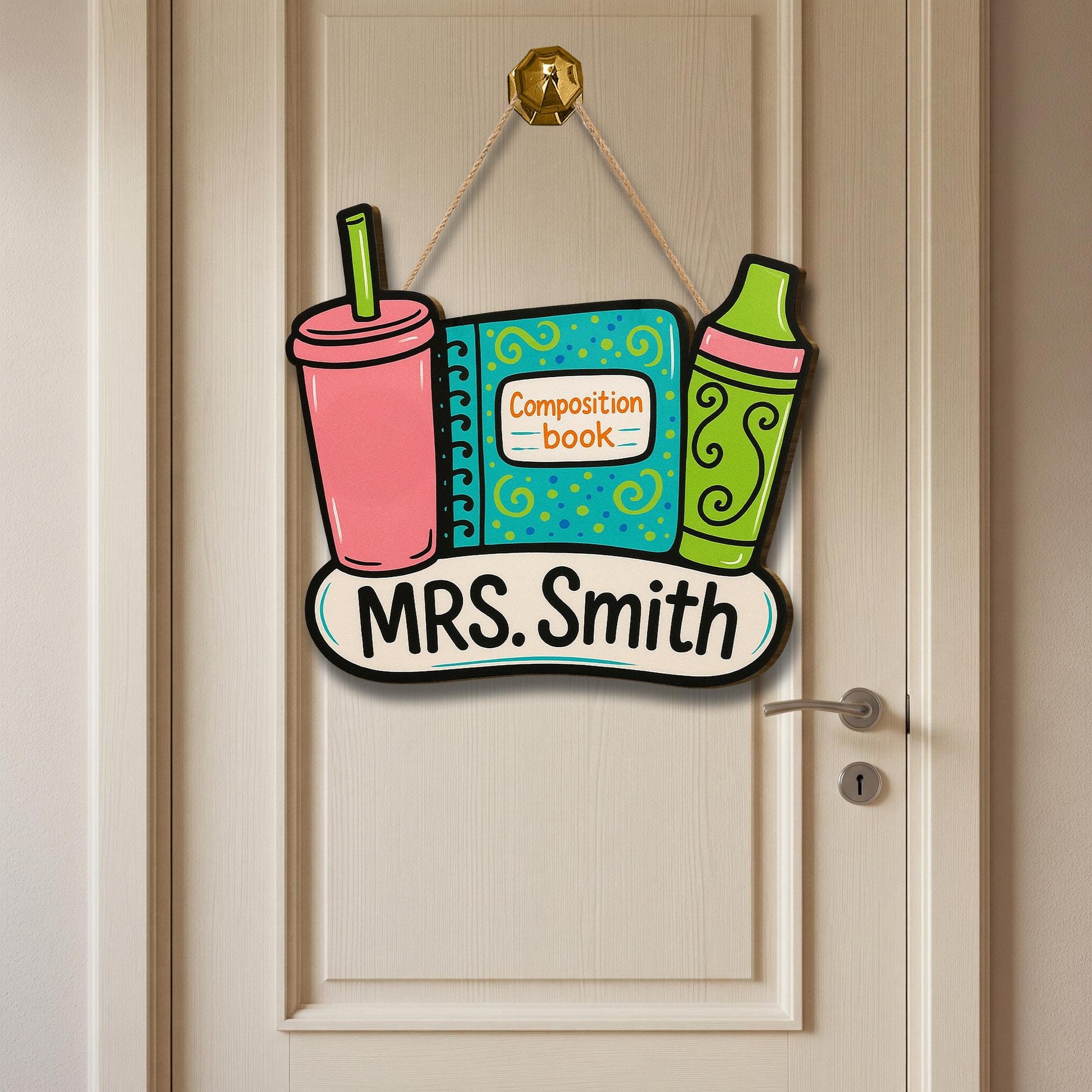 Custom Teacher Door Sign, Wooden Back to School Decor, Composition Book Crayon Cup Sign, Personalized Classroom Name Plaque