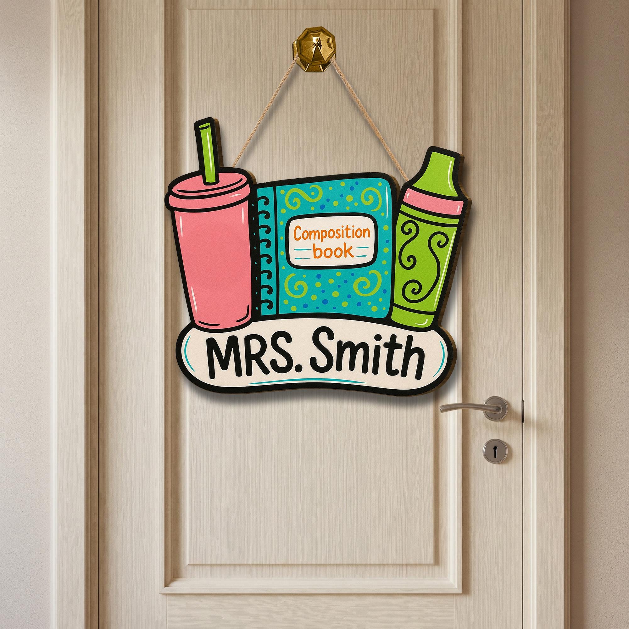 Custom Teacher Door Sign, Wooden Back to School Decor, Composition Book Crayon Cup Sign, Personalized Classroom Name Plaque