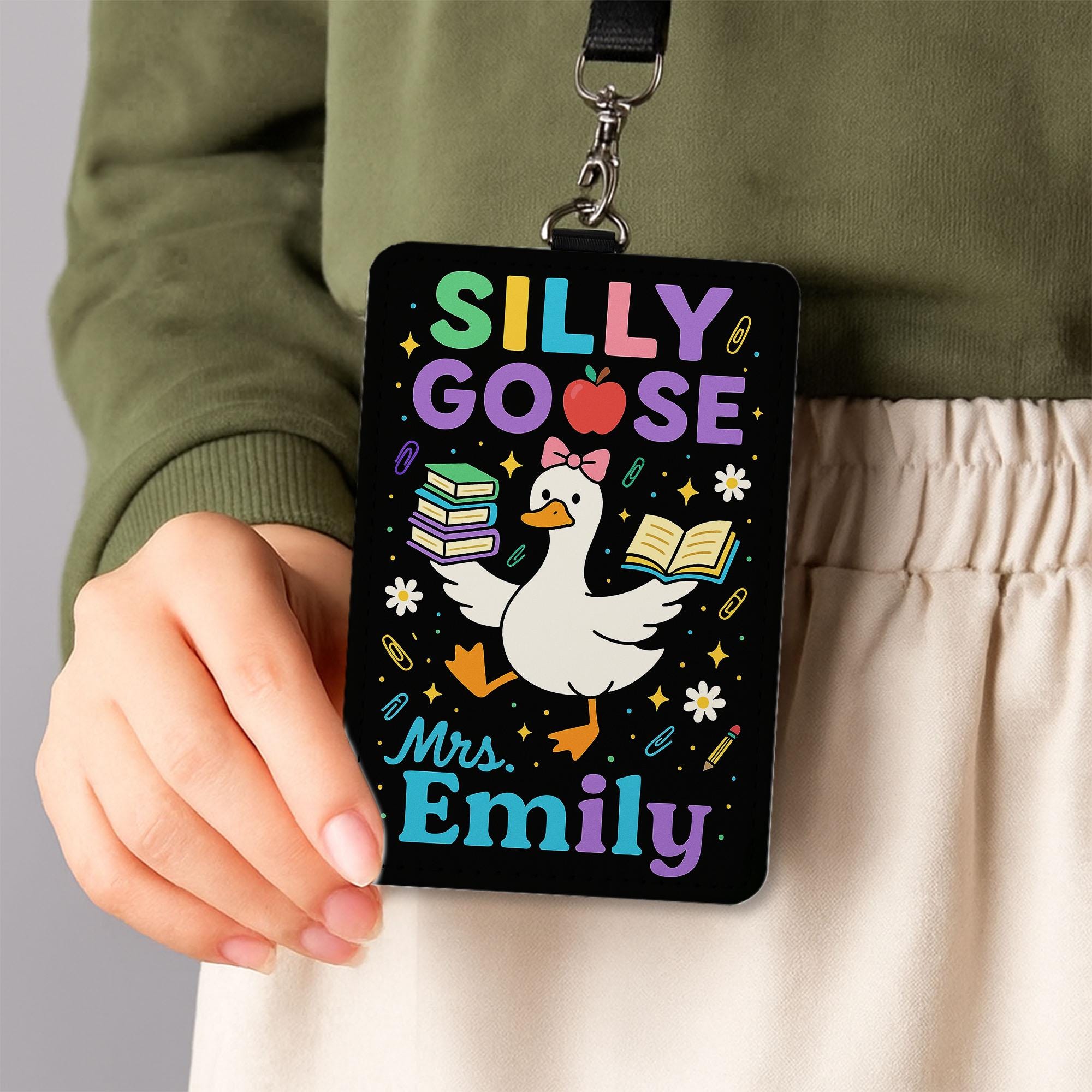 Silly Goose Teacher Badge Holder, Custom Leather ID Tag, Funny Back to School Lanyard, Personalized Classroom Name Card