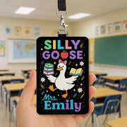 Silly Goose Teacher Badge Holder, Custom Leather ID Tag, Funny Back to School Lanyard, Personalized Classroom Name Card