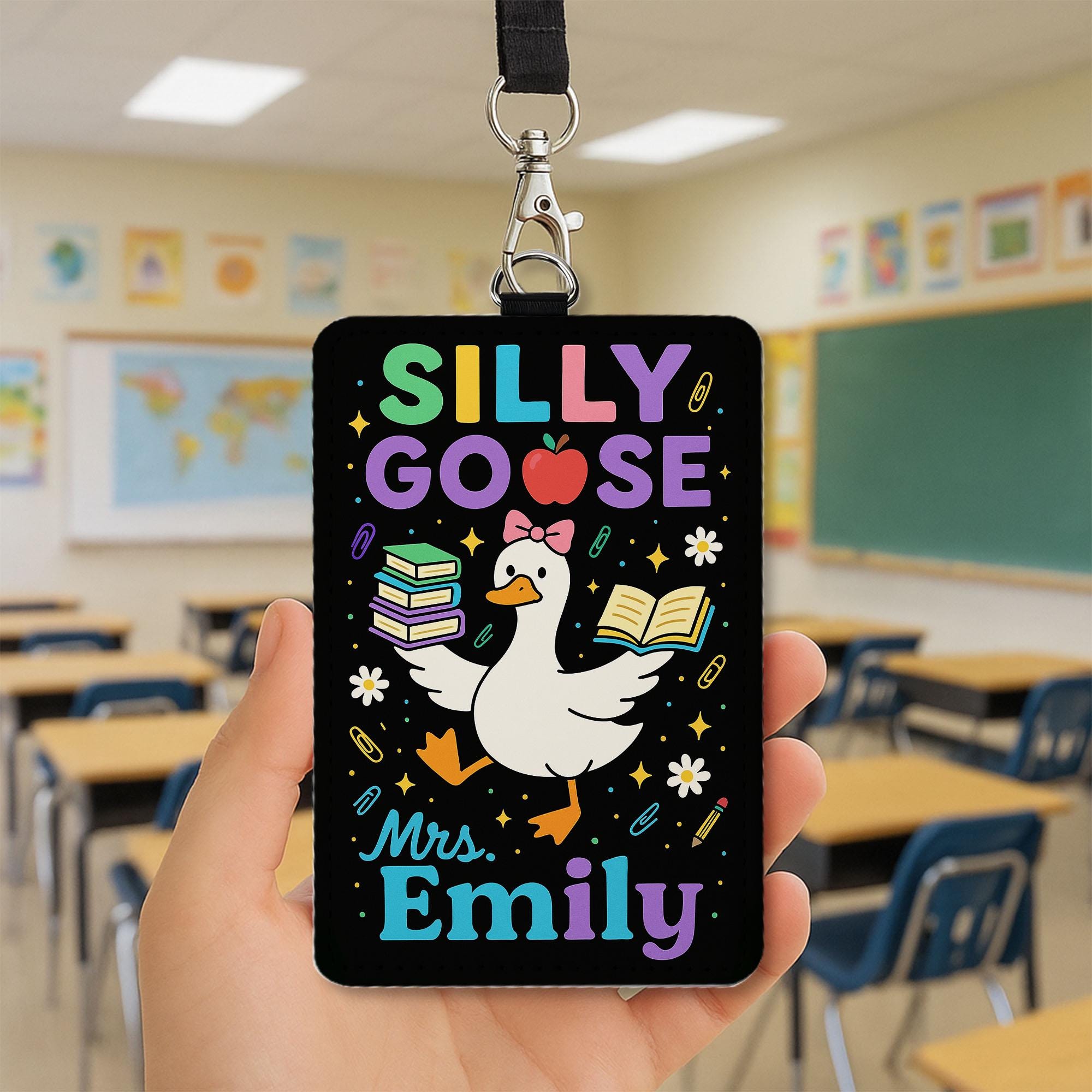 Silly Goose Teacher Badge Holder, Custom Leather ID Tag, Funny Back to School Lanyard, Personalized Classroom Name Card