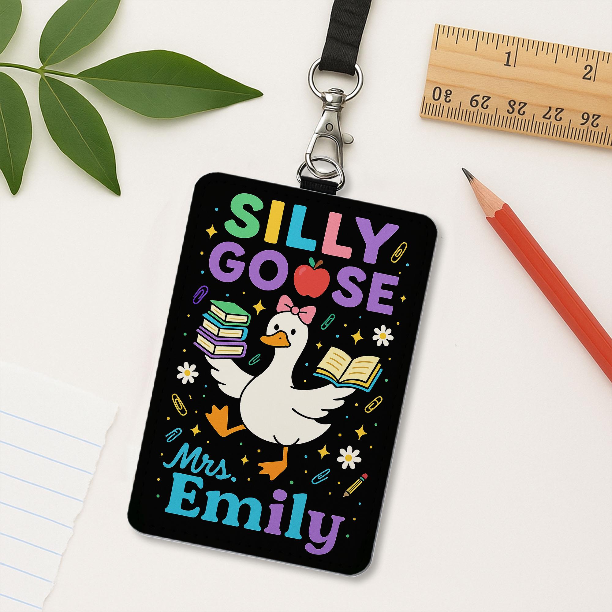 Silly Goose Teacher Badge Holder, Custom Leather ID Tag, Funny Back to School Lanyard, Personalized Classroom Name Card