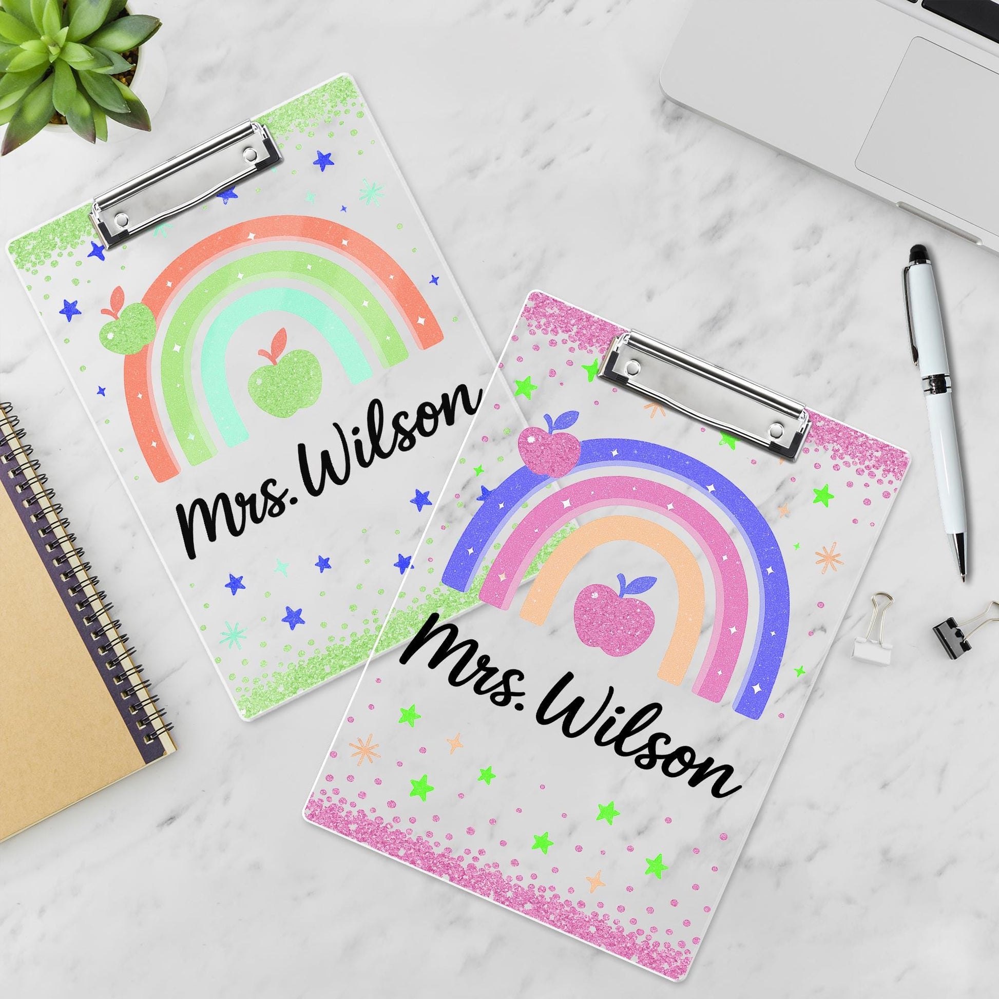 Personalized Rainbow Teacher Clipboard, Glitter Back to School Gift, Custom Name Clipboard with Apple Design for Classroom