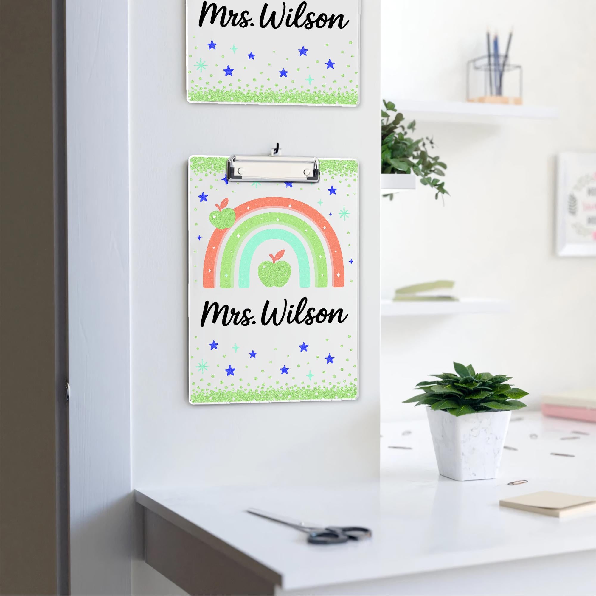 Personalized Rainbow Teacher Clipboard, Glitter Back to School Gift, Custom Name Clipboard with Apple Design for Classroom