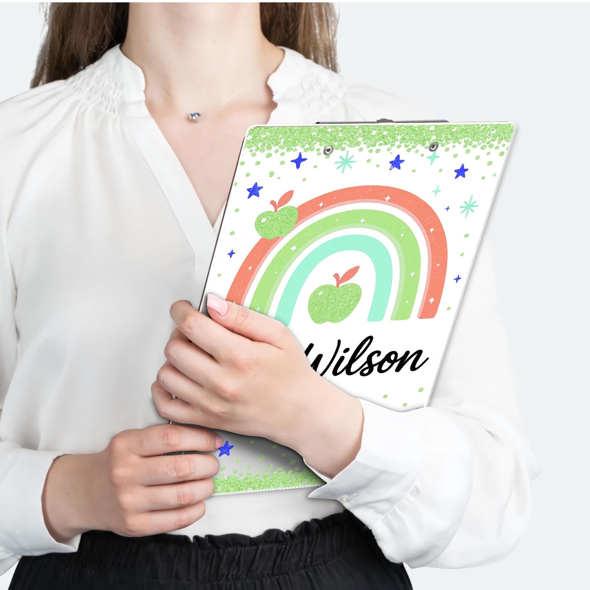 Personalized Rainbow Teacher Clipboard, Glitter Back to School Gift, Custom Name Clipboard with Apple Design for Classroom
