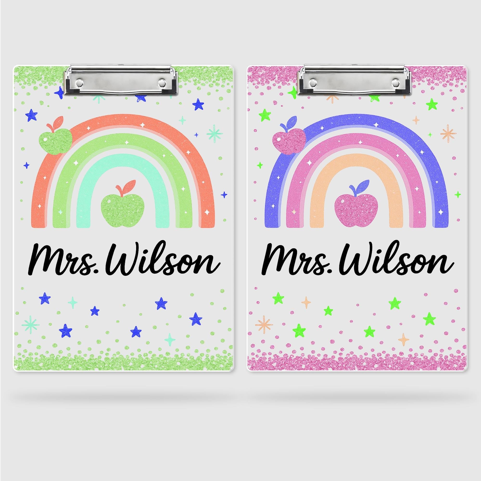 Personalized Rainbow Teacher Clipboard, Glitter Back to School Gift, Custom Name Clipboard with Apple Design for Classroom