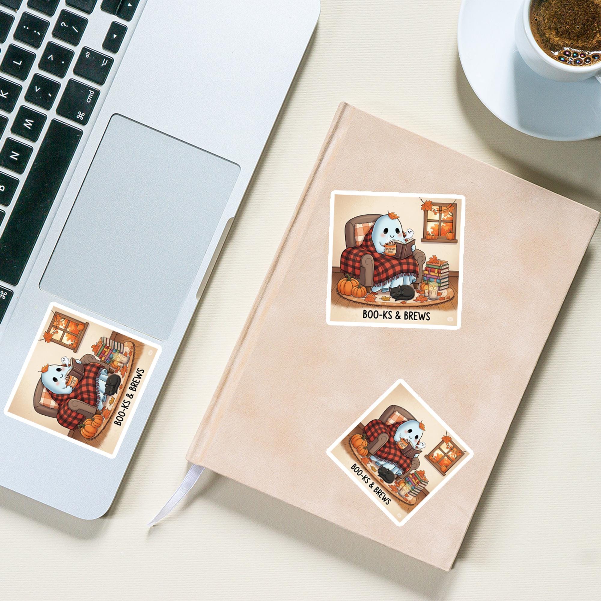 Cozy Ghost Fall Sticker – BOO-KS & BREWS – Cute Autumn Ghost Reading Art – Pumpkin Spice Halloween Sticker