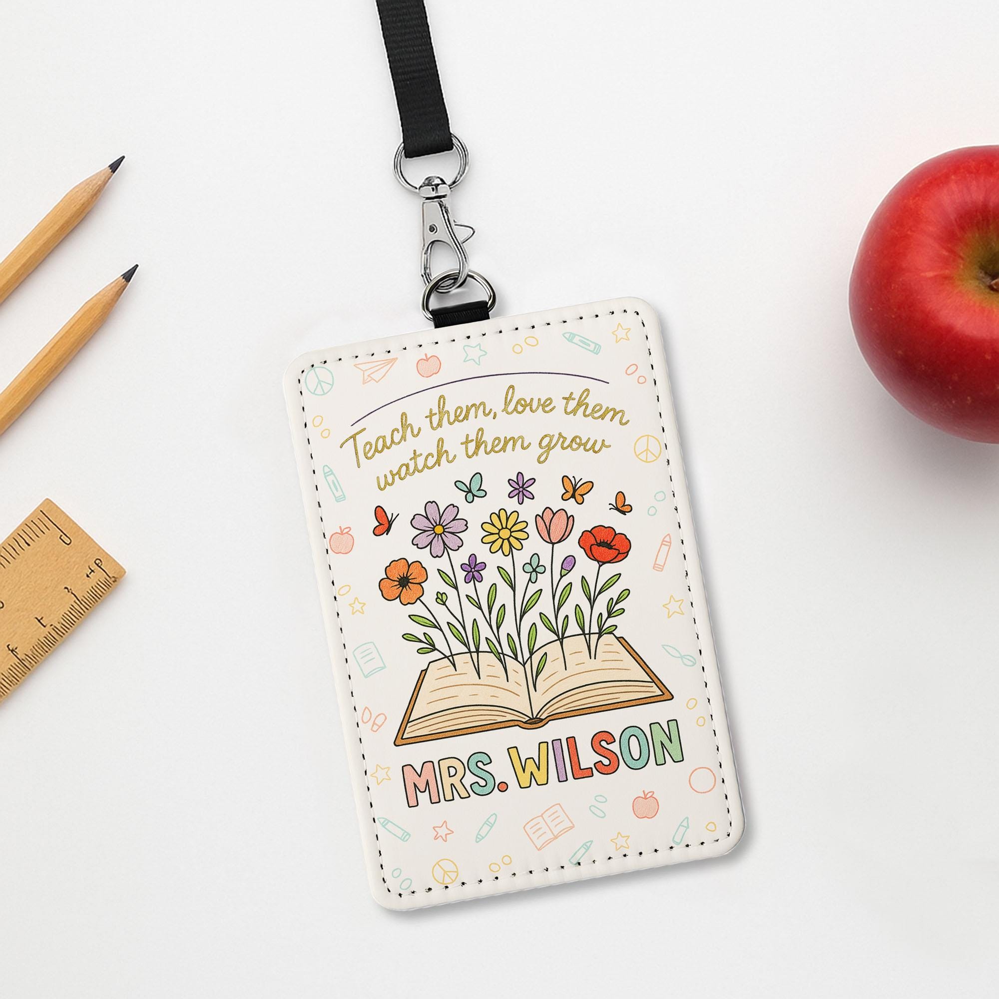 Teach Love Grow Badge Holder, Personalized Teacher ID Tag, Floral Leather Lanyard, Custom Back to School Gift for Educators