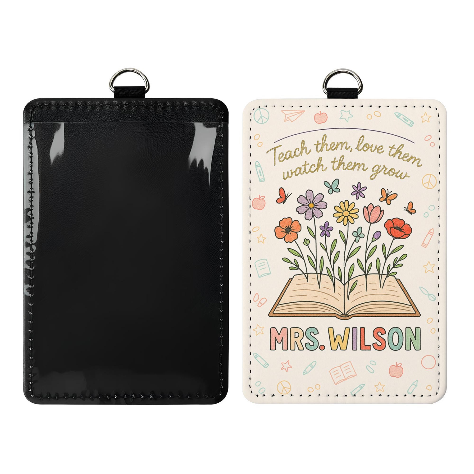 Teach Love Grow Badge Holder, Personalized Teacher ID Tag, Floral Leather Lanyard, Custom Back to School Gift for Educators