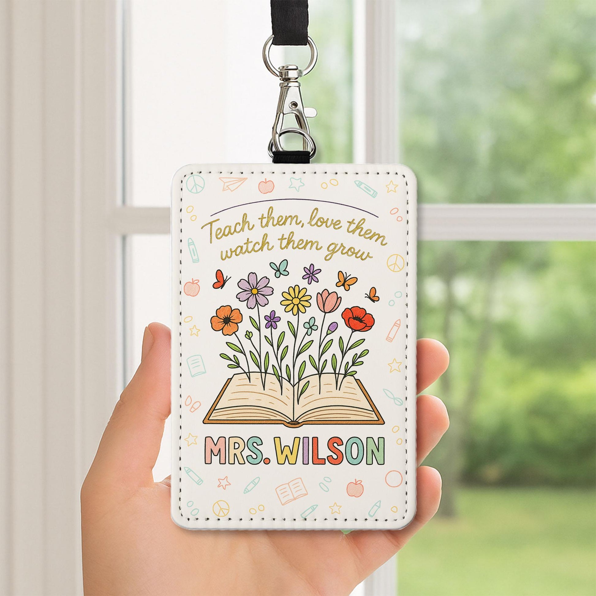 Teach Love Grow Badge Holder, Personalized Teacher ID Tag, Floral Leather Lanyard, Custom Back to School Gift for Educators