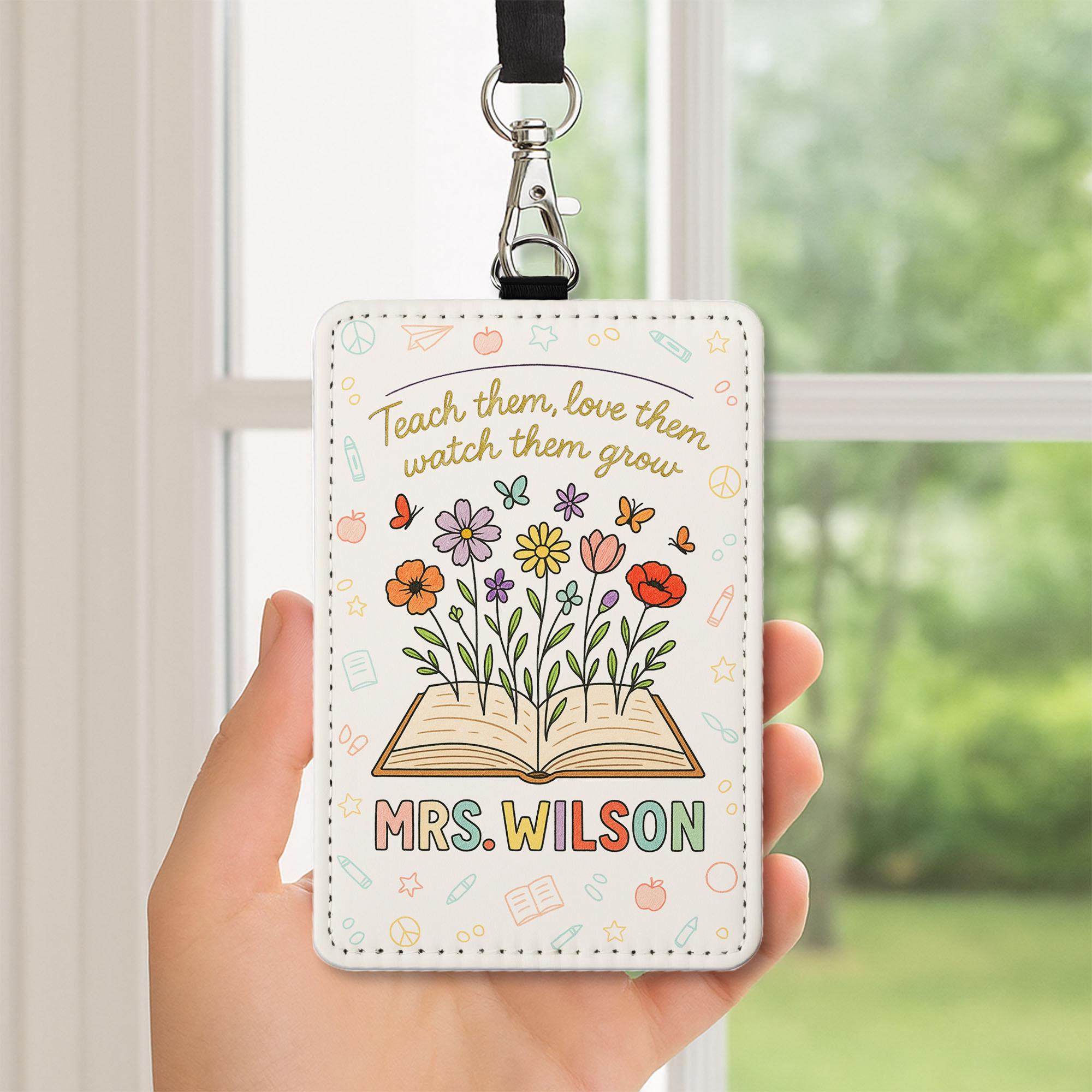 Teach Love Grow Badge Holder, Personalized Teacher ID Tag, Floral Leather Lanyard, Custom Back to School Gift for Educators