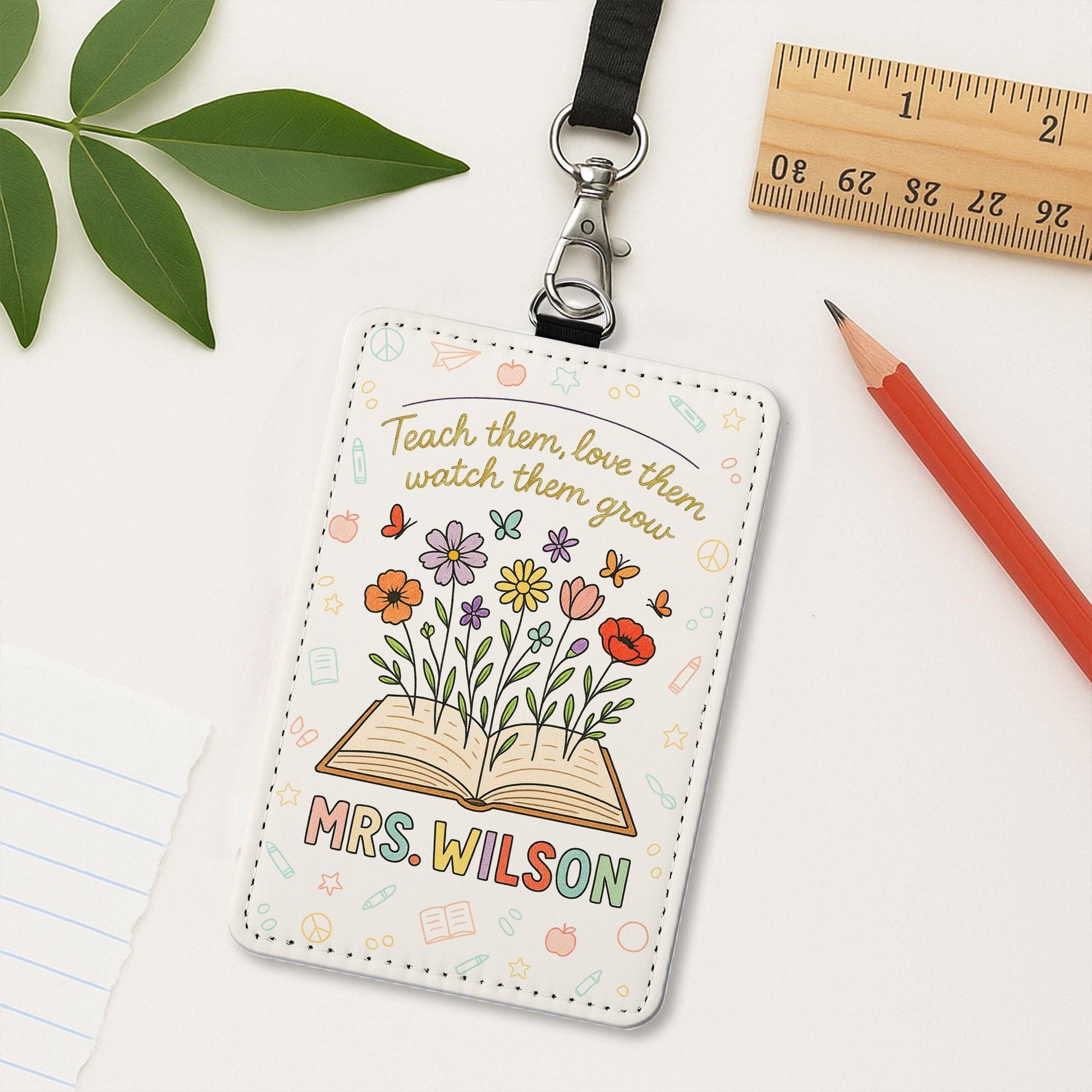 Teach Love Grow Badge Holder, Personalized Teacher ID Tag, Floral Leather Lanyard, Custom Back to School Gift for Educators