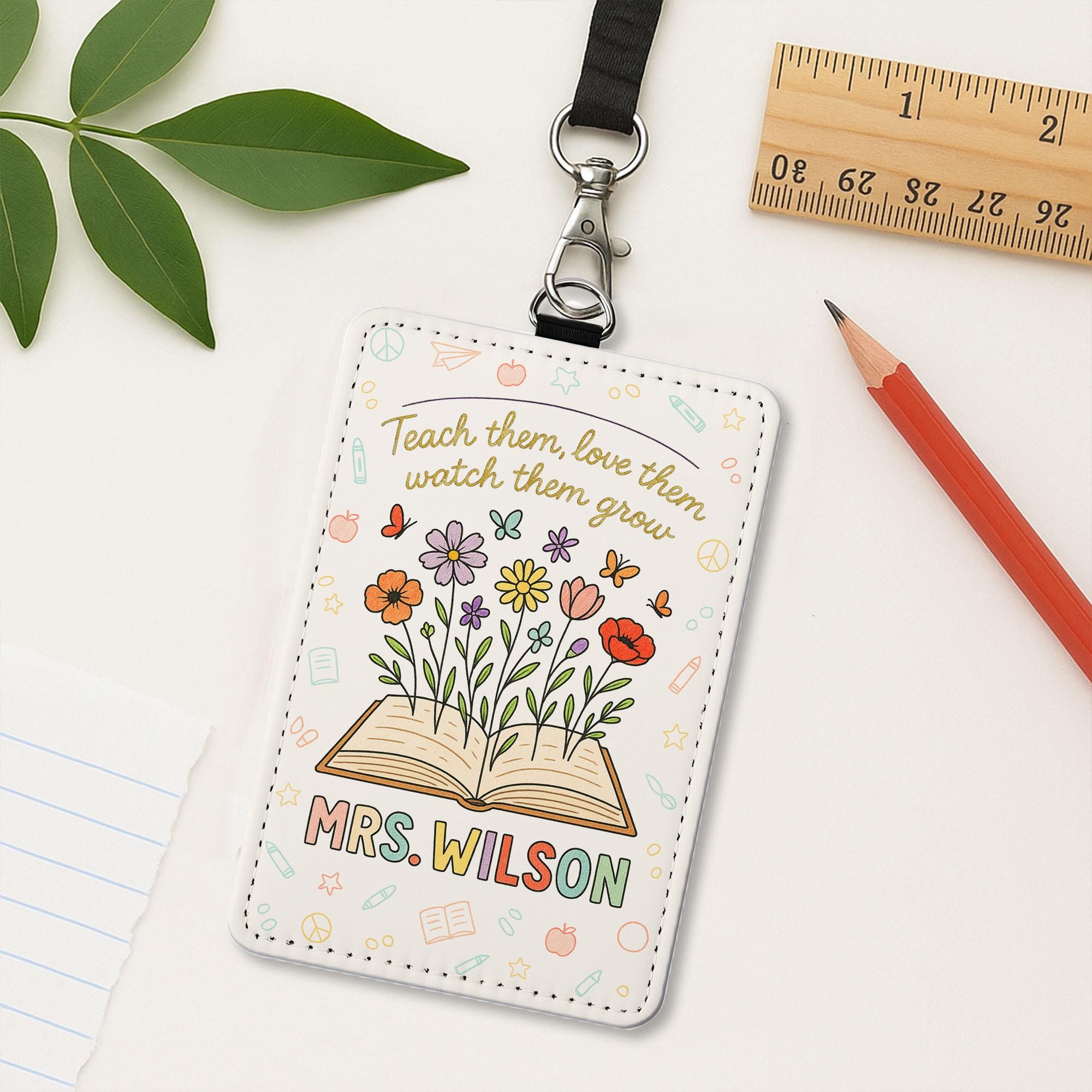 Teach Love Grow Badge Holder, Personalized Teacher ID Tag, Floral Leather Lanyard, Custom Back to School Gift for Educators